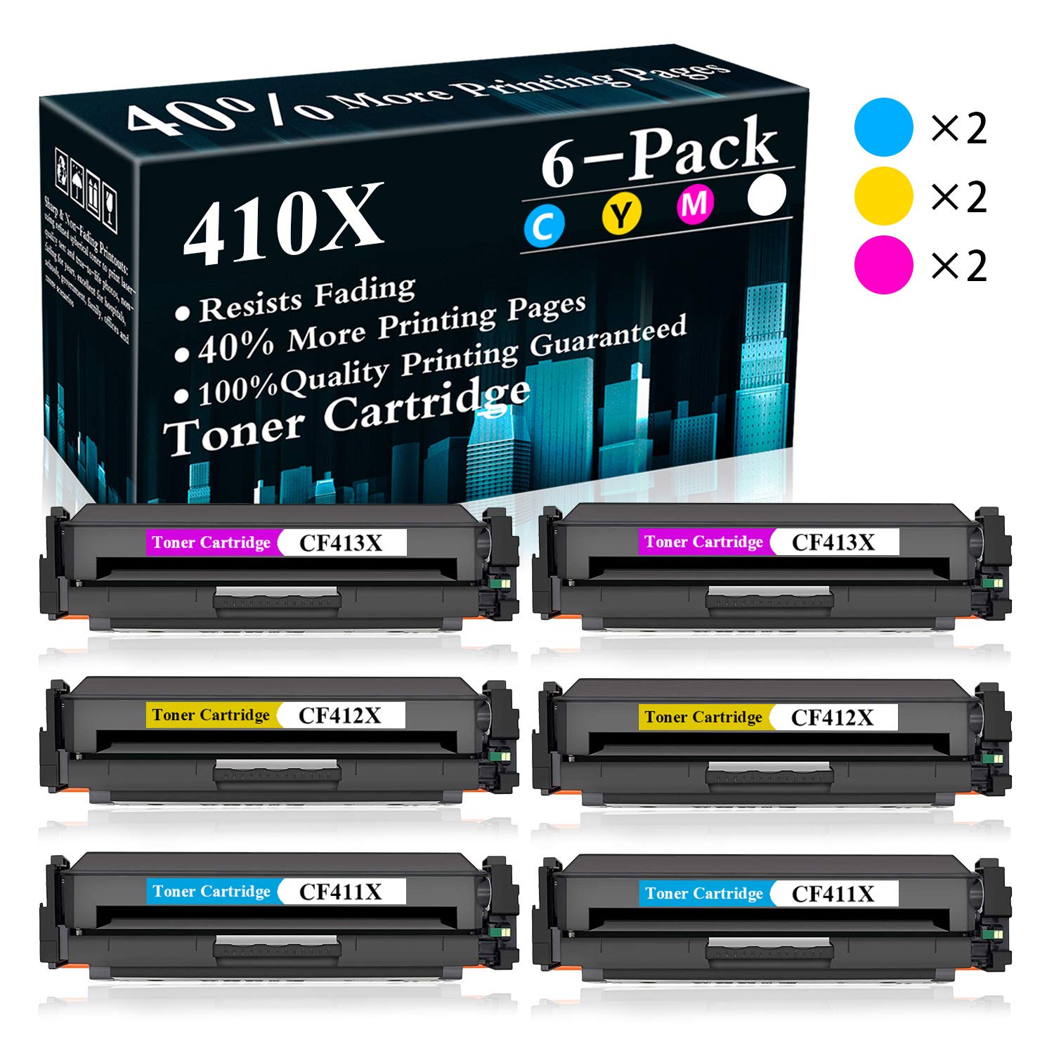 6-Pack (2C+2Y+2M) 410X | CF411X CF412X CF413X Compatible Toner Cartridge Replacement for HP Color LaserJet Pro M7FP M477fdn M477fdw M477fnw M452dn M452dw M452nw MFP M377dw Printer - High-Yield Printing for Office & Home Use - Sold by TopInk