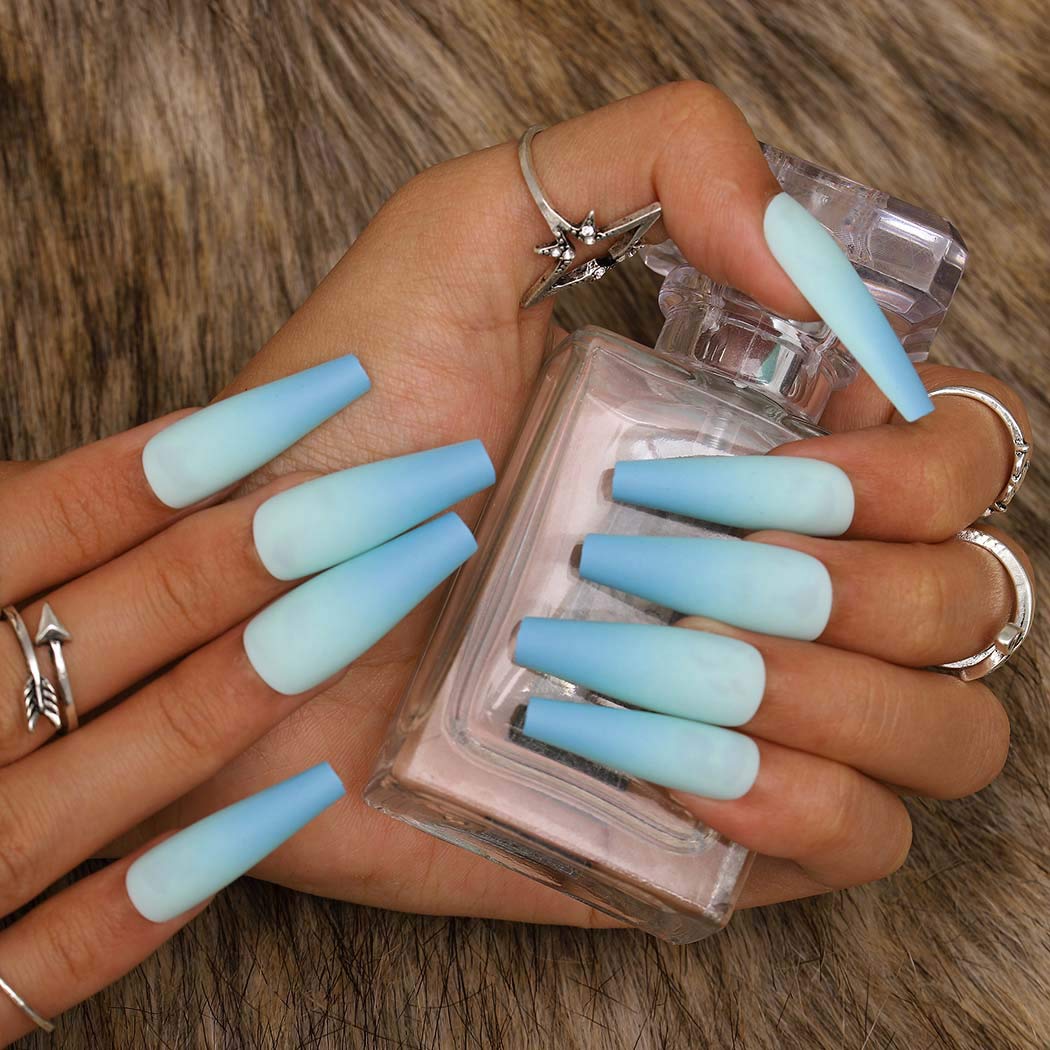 Gradient Blue Press on Nails - Extra Long Coffin Matte Fake Nails 24Pcs | Full Cover Acrylic Nails for Women & Girls | Perfect for Parties, Weddings & Special Occasions