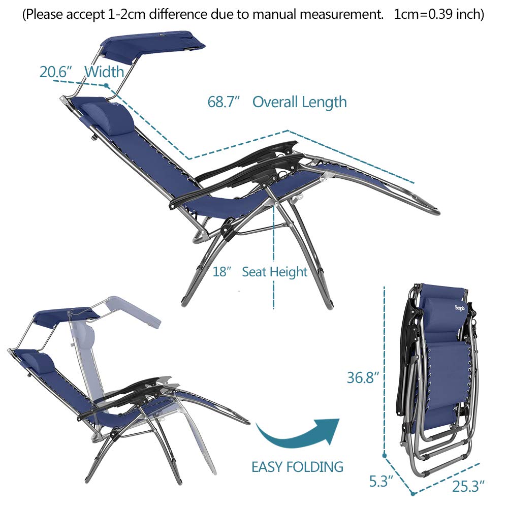 **Bonnlo Zero Gravity Lounge Chair with Adjustable Canopy - Portable Folding Recliner with Cup Holder & Headrest - Perfect for Beach, Pool, Patio, Garden (Blue, 2-Pack)**