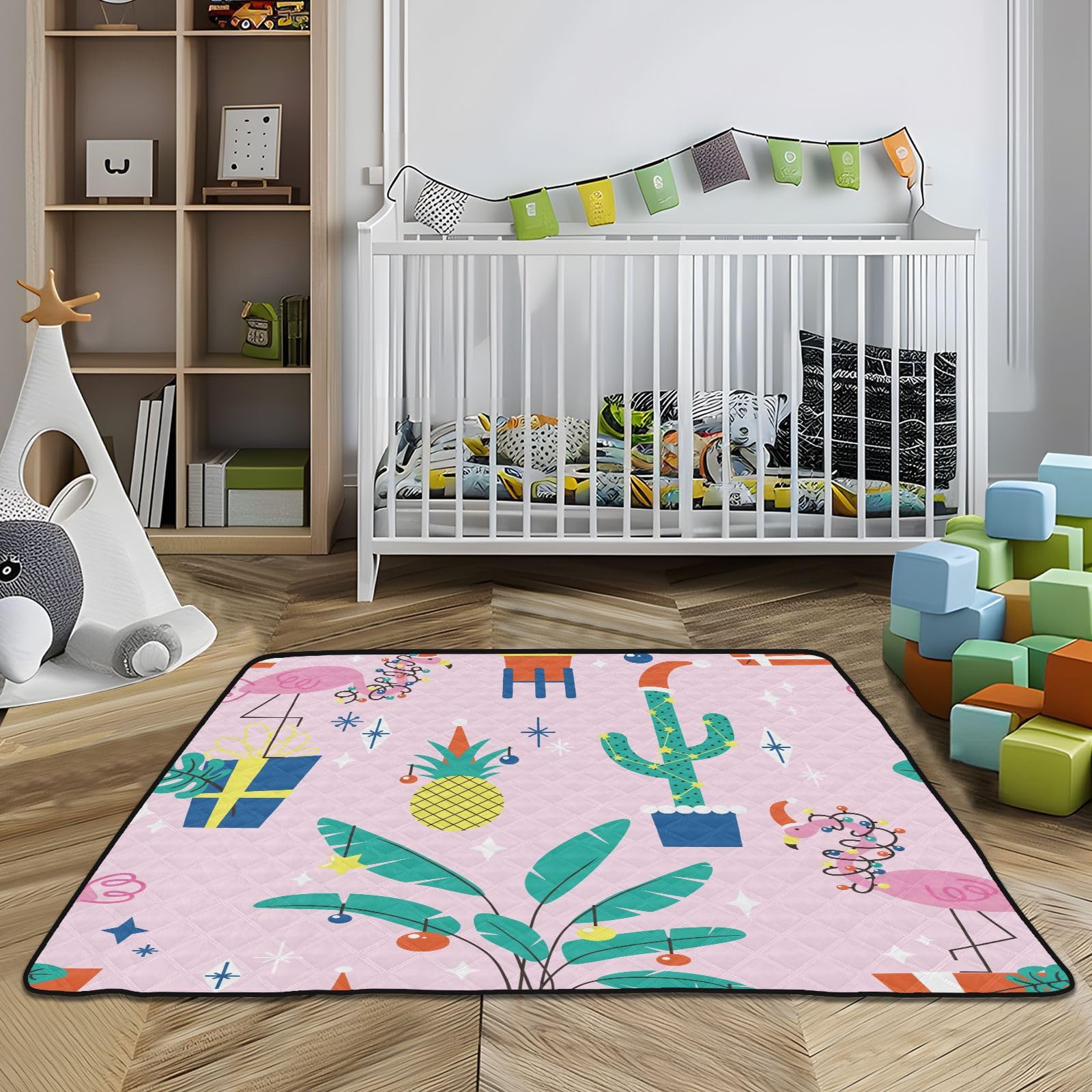 Christmas Tropical Plants & Flamingo Hope Hat Foldable Baby Play Mat – 50'' x 50'' Washable Padded Activity Mat for Infants, Toddlers & Kids | Indoor & Outdoor Use for Playtime, Crawling & Tummy Time