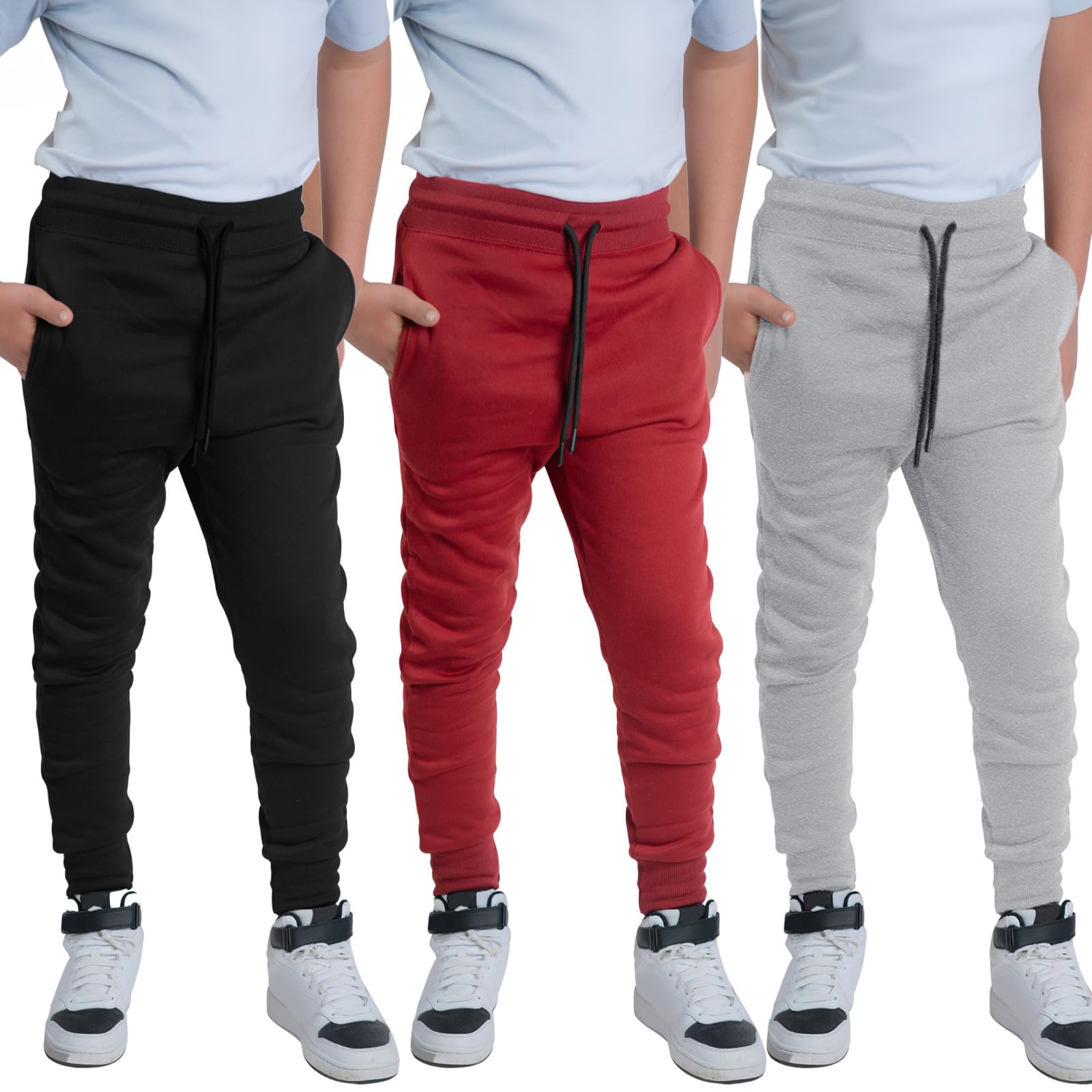 3 Pack Boys Fleece Joggers - Elastic Waist & Pockets for Play & School