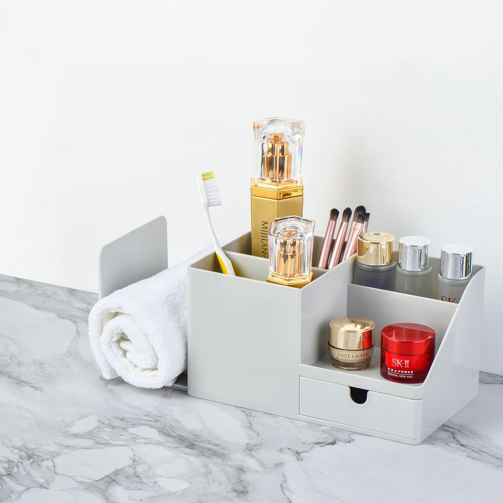White Multifunctional Desk Organizer with Bookshelf & Drawer - Office Stationery & Makeup Storage Box, Small Grey - Perfect for Home Office, Study & Workspace Organization