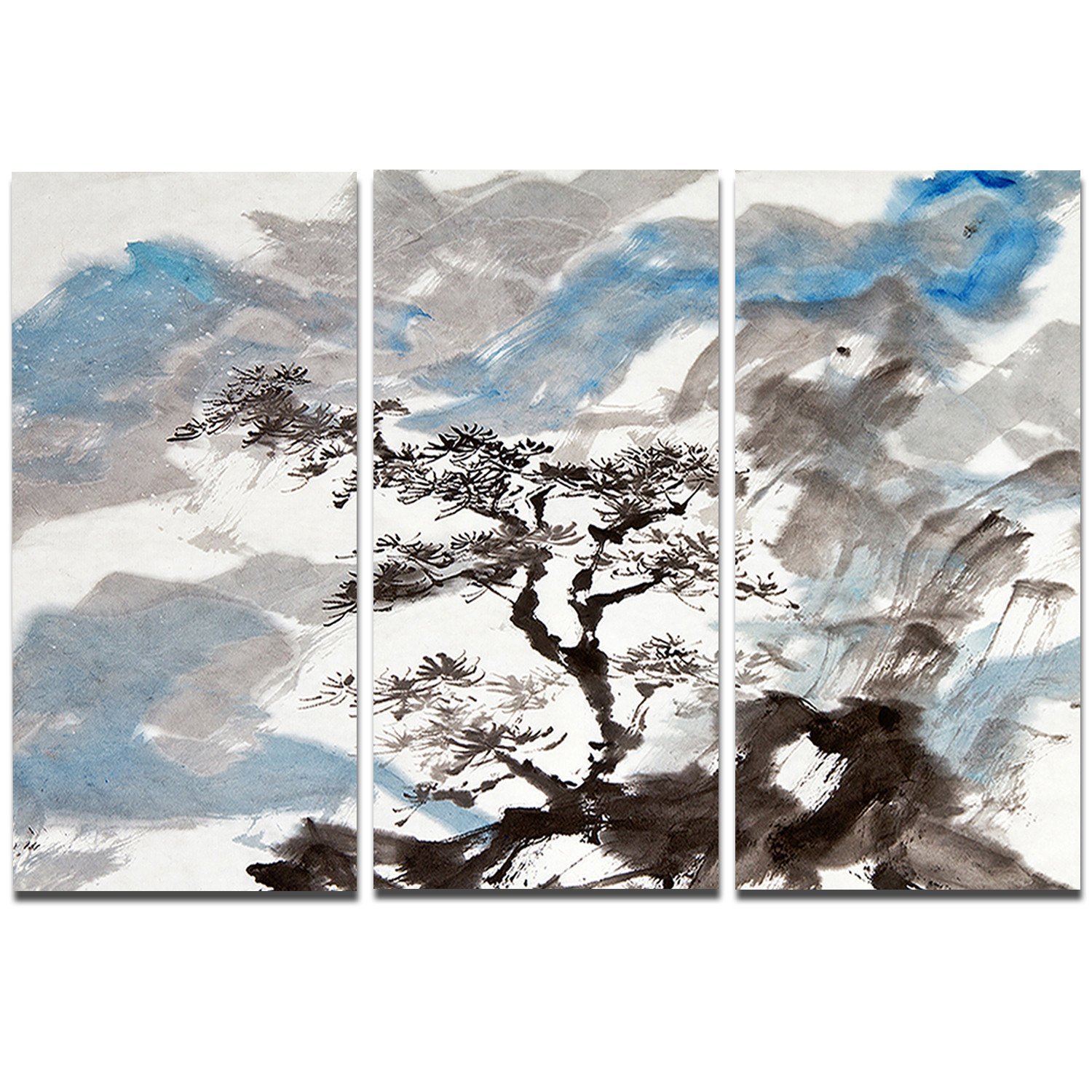 Designart Chinese Pine Trees Metal Wall Art - 3 Panels Modern Home Decor (36x28 Inches) - Asian Inspired Landscape Artwork for Living Room, Bedroom & Office Decor