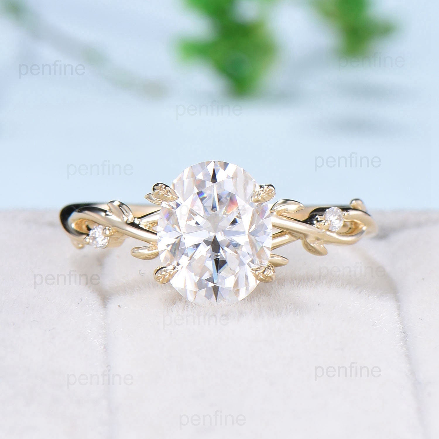 2 Carat Oval Moissanite Engagement Ring Set with Twig Leaf Wedding Band - 14K Yellow Gold Filigree Milgrain Edge Stacking Rings for Women | Perfect for Proposals, Anniversaries & Bridal Jewelry