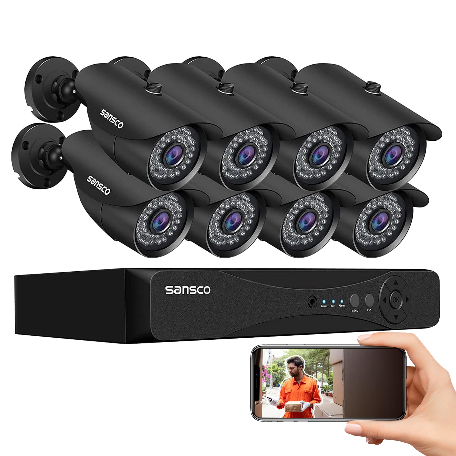 SANSCO 8CH 5MP HD CCTV Security Camera System with 8X 2MP Outdoor Bullet Cameras - Night Vision, AI Face/Human Detection, IP66 Vandalproof, Email/APP Alerts (No HDD) - Ideal for Home, Office & Business Surveillance