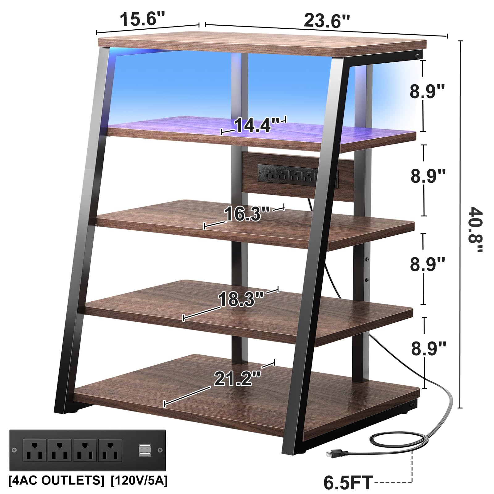 5-Tier AV Media Stand with Built-in Power Strips & LED Lights - Adjustable Shelves for Stereo, TV & Audio Equipment - 40.8