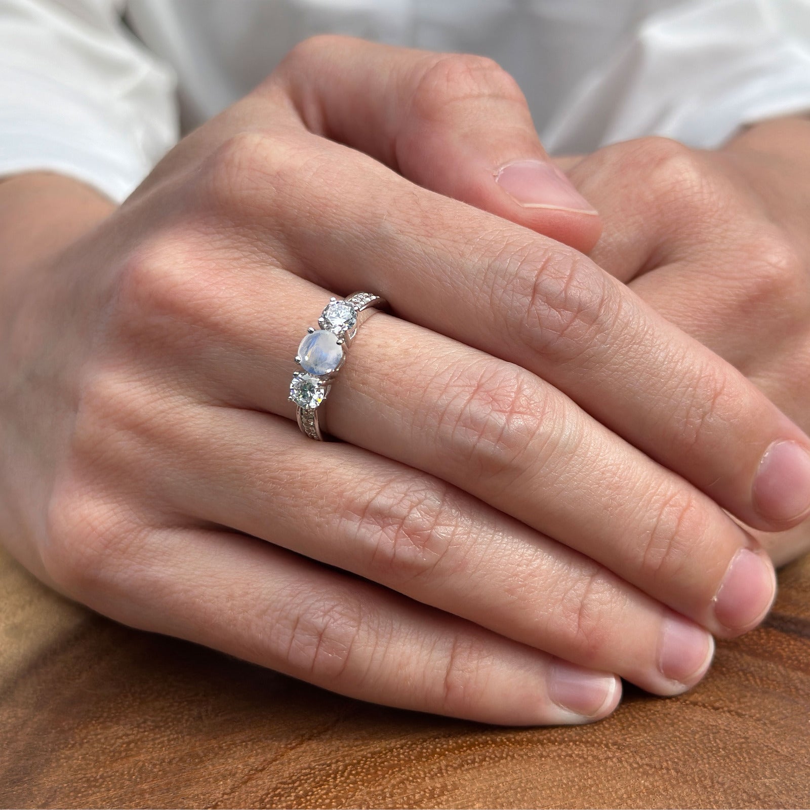 14K Yellow Gold Three Stone Round Natural Moonstone Vintage Style Ring for Women - Elegant Boho Jewelry for Wedding, Engagement & Everyday Wear