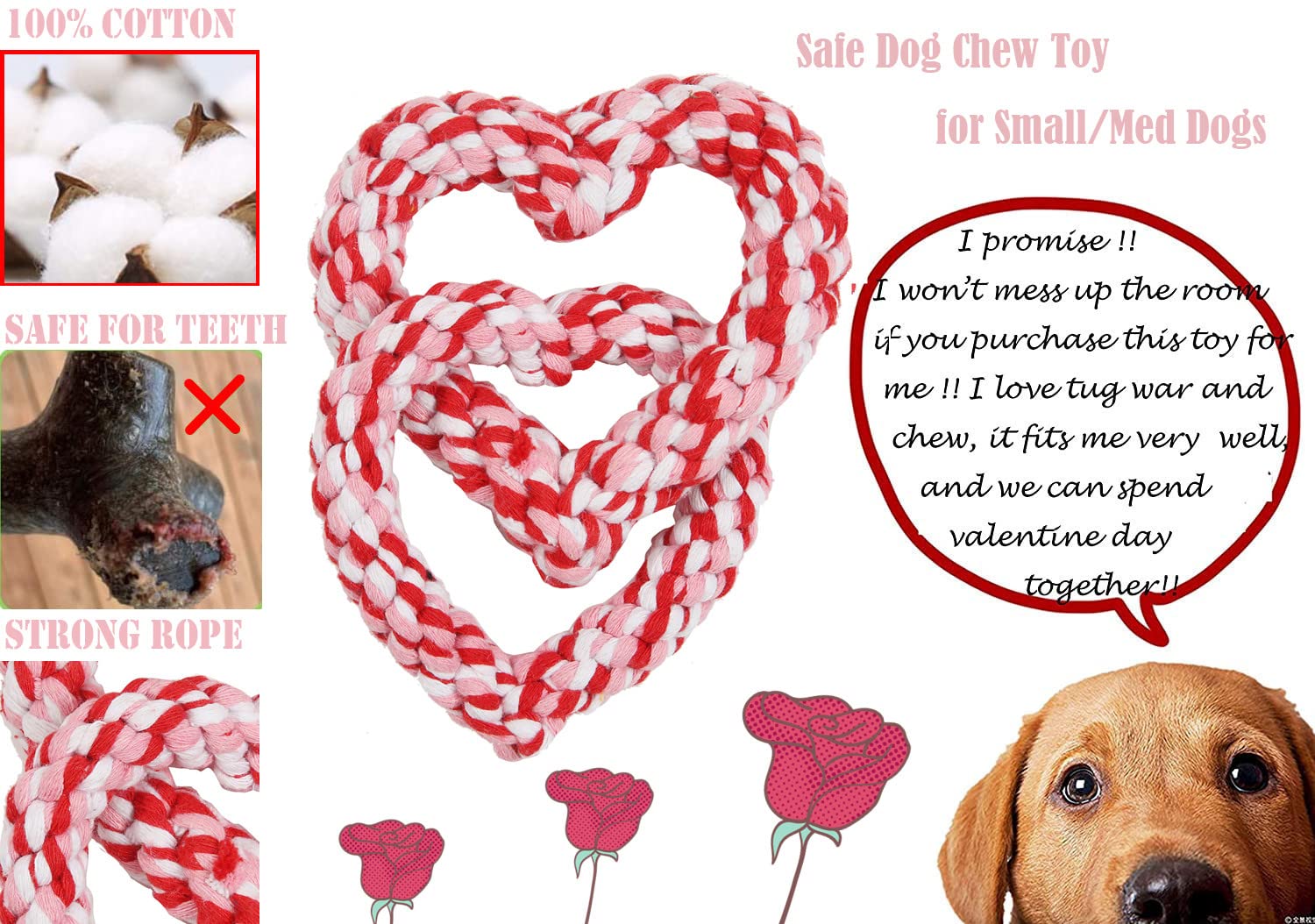 BoomBone Valentine's Day Dog Toy - Interlocking Heart Rope Chew Toy for Small & Medium Dogs - Perfect for Playtime, Training & Bonding with Your Pet