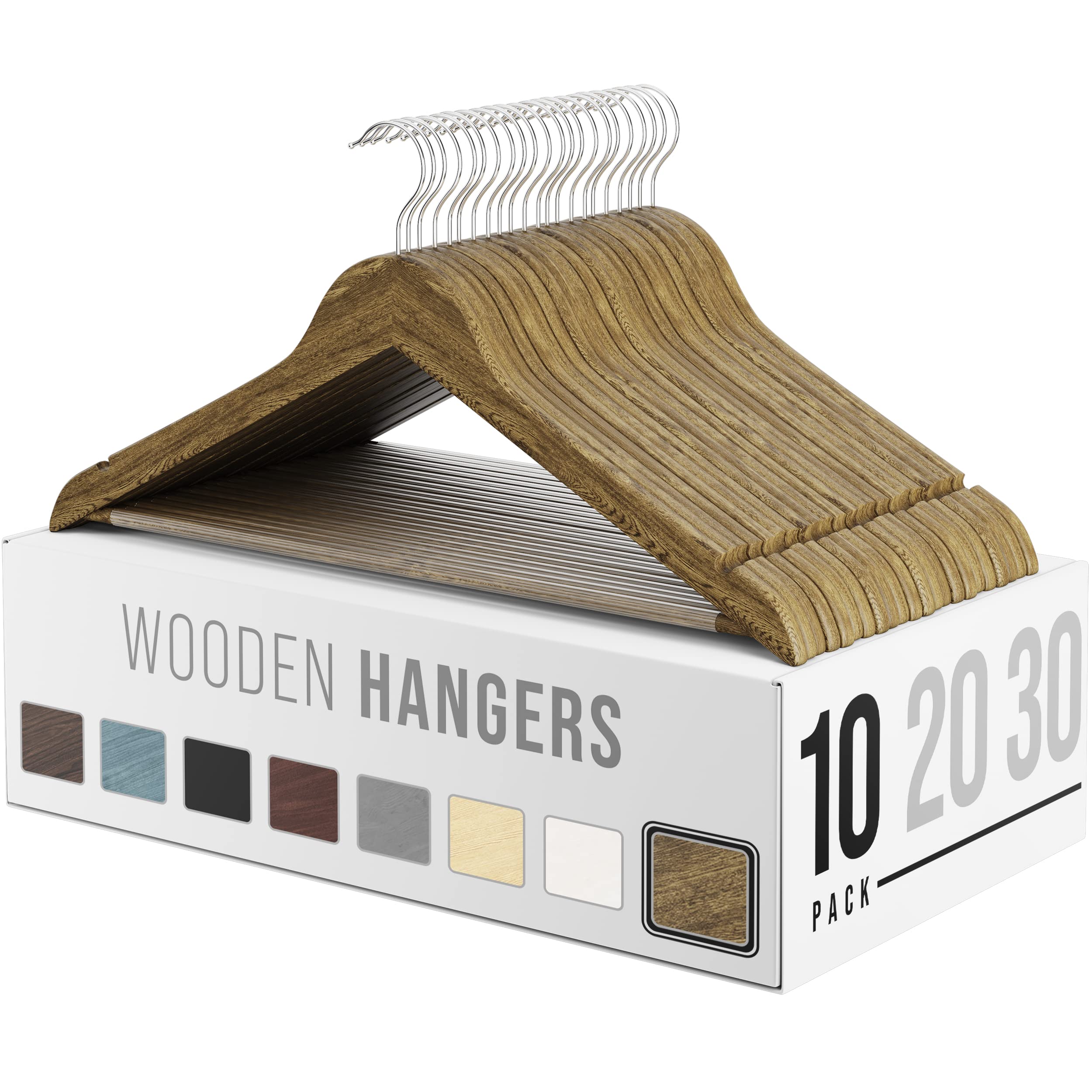 Premium Wooden Clothes Hangers - Heavy Duty Non-Slip Pants Bar with 360° Swivel Hook | Durable Suit Hangers for Jackets, Coats & Formal Wear | Ideal for Closet Organization & Wardrobe Storage (10-Pack, Vintage Style)