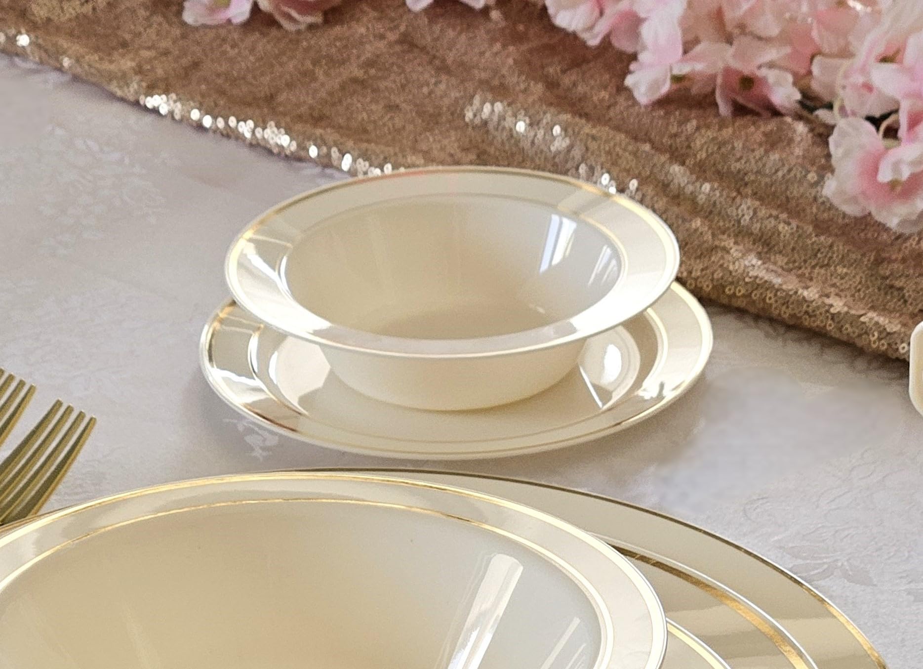 60-Pack Ivory & Gold Rim Disposable Plastic Charger Plates - 12 Inch Elegant Wedding & Party Dinner Plates for Formal Events, Banquets, and Special Occasions