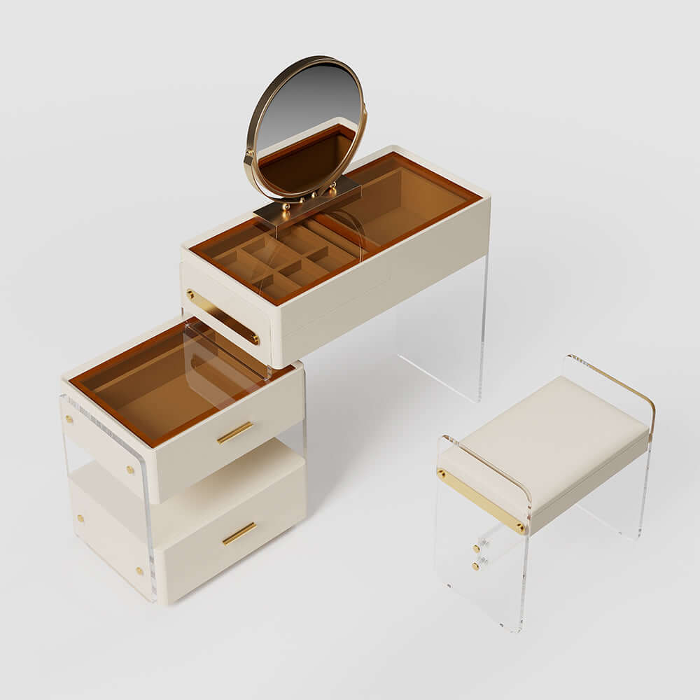White Extendable Acrylic Makeup Vanity Set with Mirror, Stool & Drawers - Perfect for Bedroom, Dressing Room & Small Space Organization