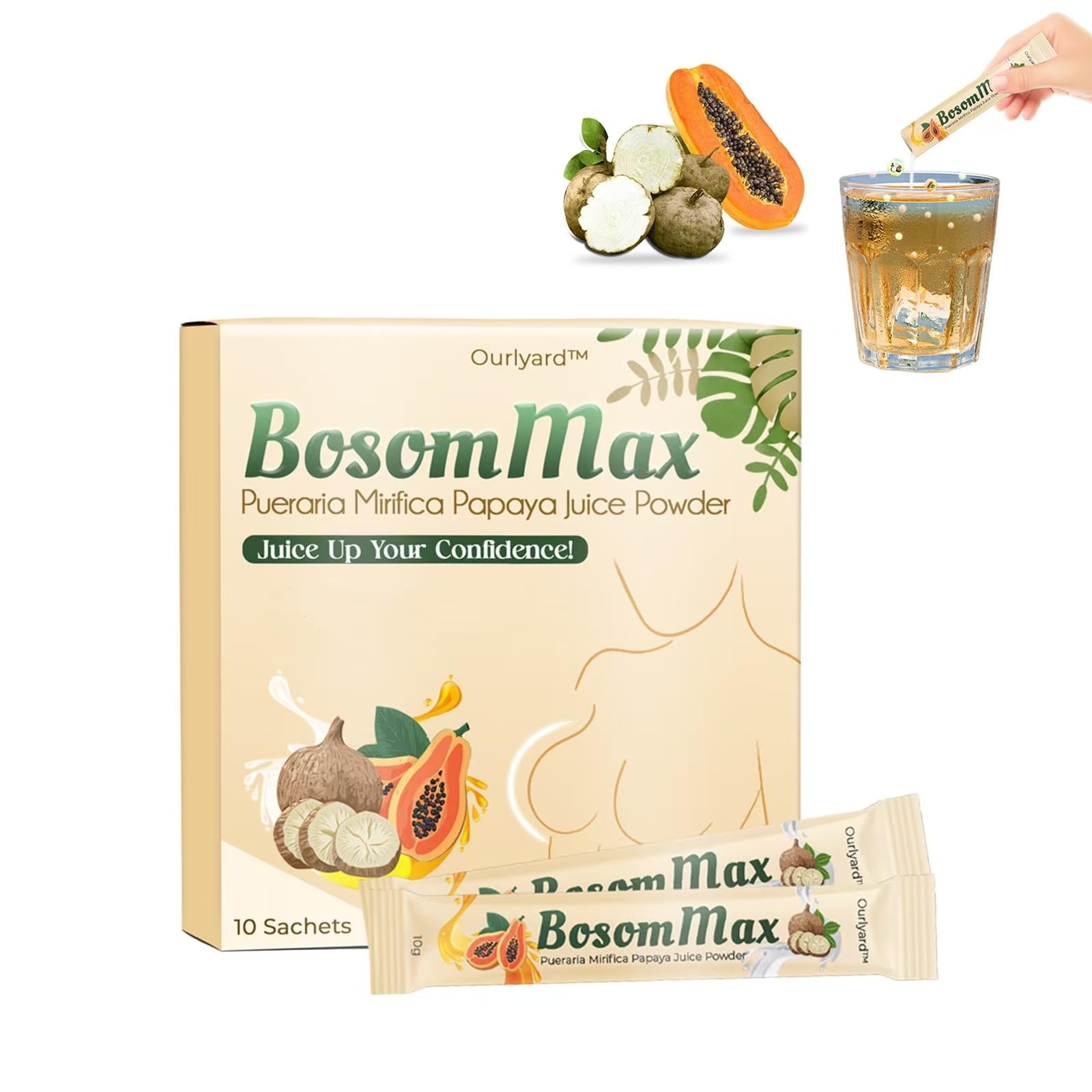 Pure Pueraria Mirifica & Papaya Juice Powder for Natural Breast Enhancement - BosomMax Bust Lifting Supplement with Papaya Extract (1 Box) | Women's Wellness, Postpartum Care & Natural Beauty Boost