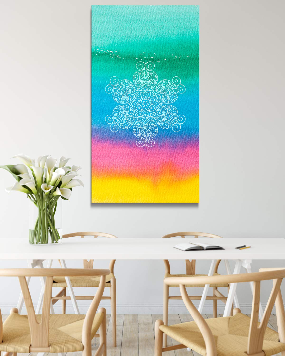 Mandala Wall Art Canvas - Pastel Green, Pink & Yellow Handmade Decor - Ready to Hang Home Decoration for Living Room, Bedroom, Office - Perfect Above Couch, Table or Bed - Meditation & Yoga Space Decor
