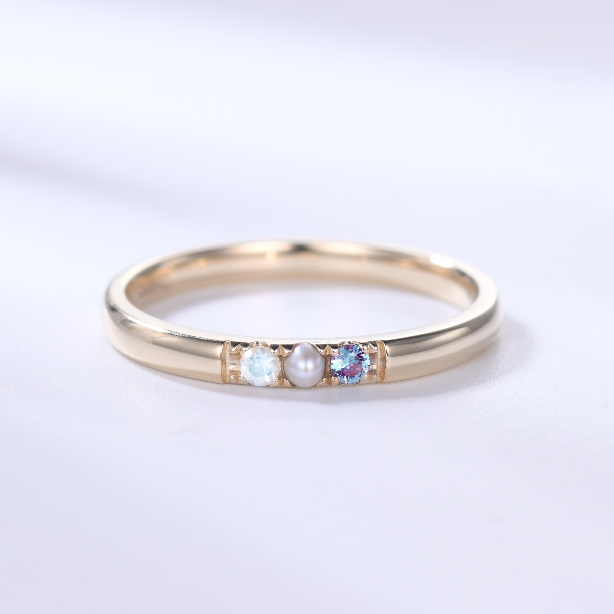July Birthstone Ring - Elegant Pearl, Alexandrite & Moonstone Ring in Yellow Gold | Perfect Birthday Gift for Women, Anniversary & Special Occasions