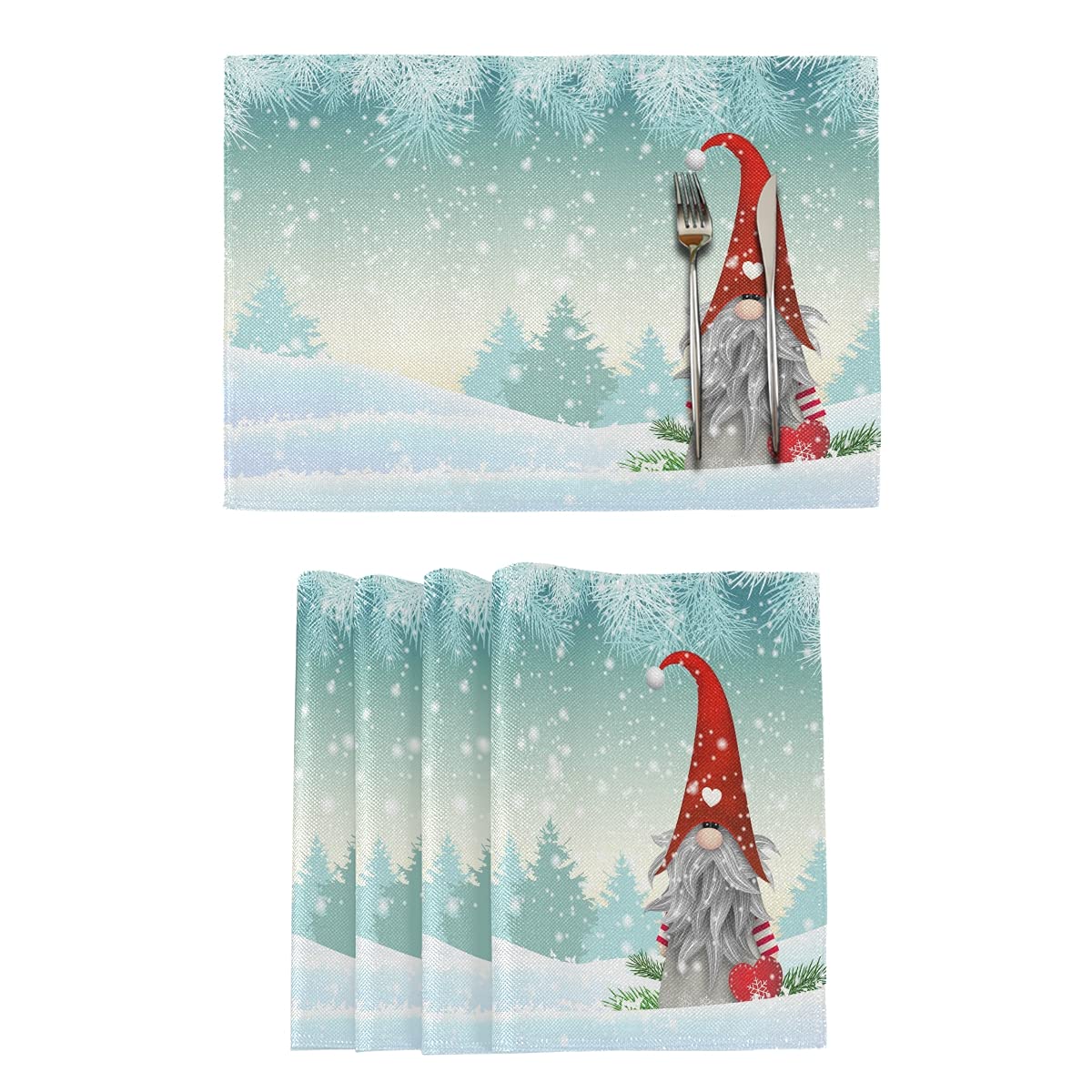 Bolaz Lovely Christmas Gnome Standing Snowfall Winter Placemats Set of 4 - Washable Snowflake Table Mats for Kitchen Dining Home Decor (12x18 inches) - Perfect for Holiday Parties, Winter Dinner Settings & Festive Home Decorations
