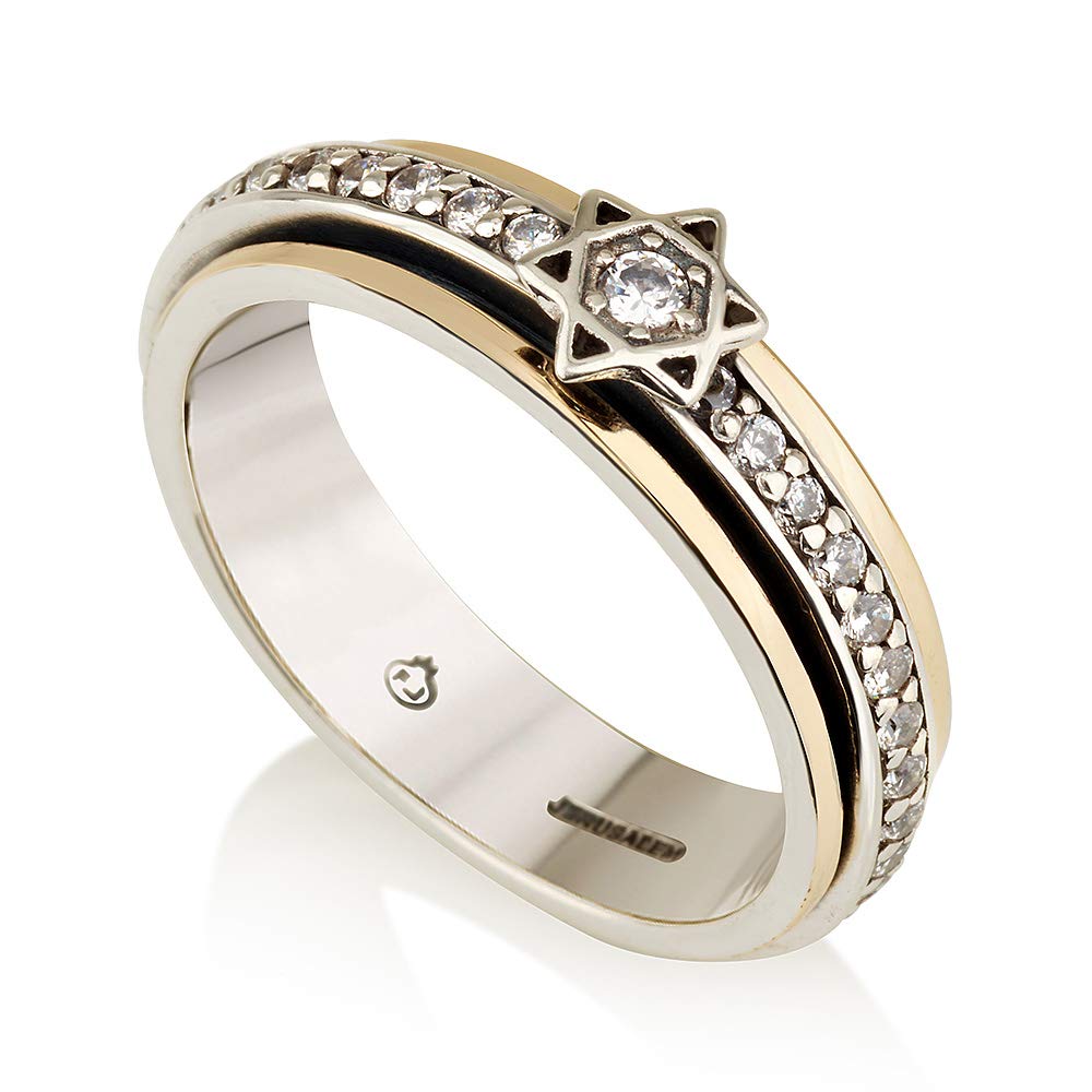 925 Sterling Silver 9k Gold Spinning Star of David Ring with White Round Cubic Zirconia - Handmade Jewish Kabbalah Jewelry, Unique Hebrew Spiritual Gift for Men & Women - Perfect for Hanukkah, Bar Mitzvah, Wedding & Holyland Souvenirs