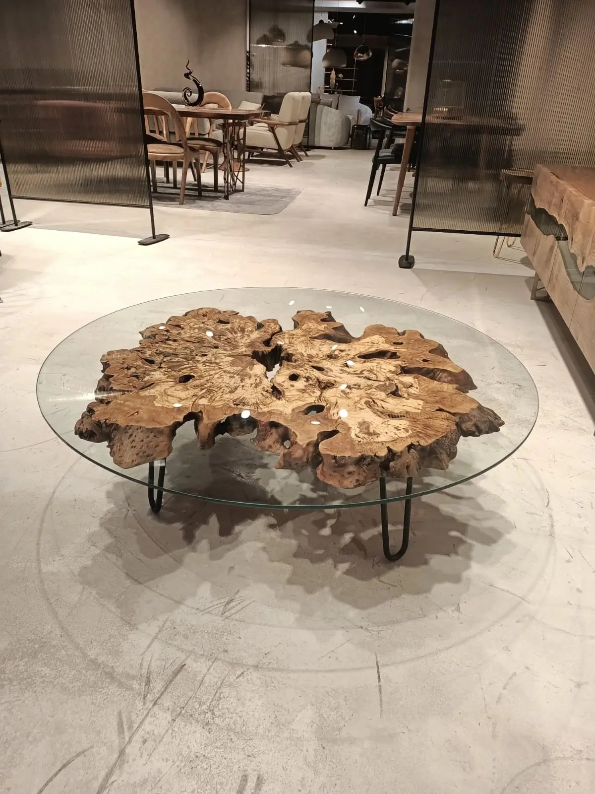 Handcrafted Olive Wood Rustic Coffee Table with Tempered Glass Top - Perfect for Living Room, Farmhouse & Modern Home Decor