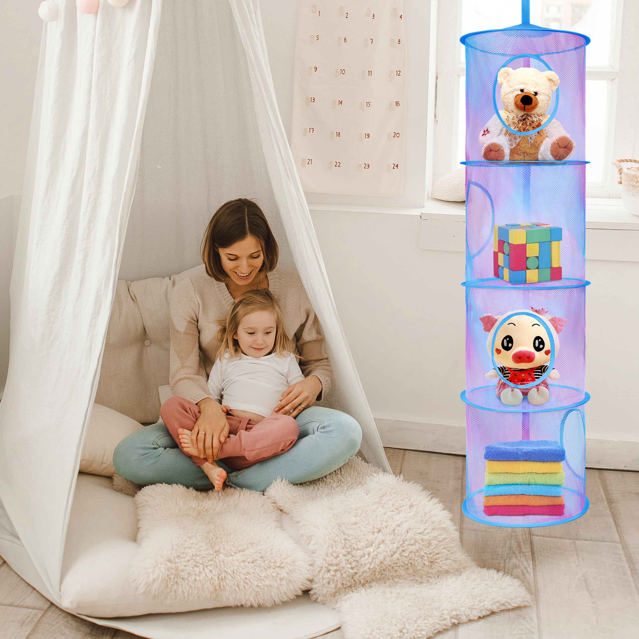 Coastal Rose 2-Pack Foldable Stuffed Animal Storage Net & Toy Hammock Organizer - 4 Compartment Hanging Mesh for Kids Room, Toys, Socks, Gloves & Hats (Pink Blue Tie Dye) - Perfect for Nursery, Playroom & Bedroom Organization