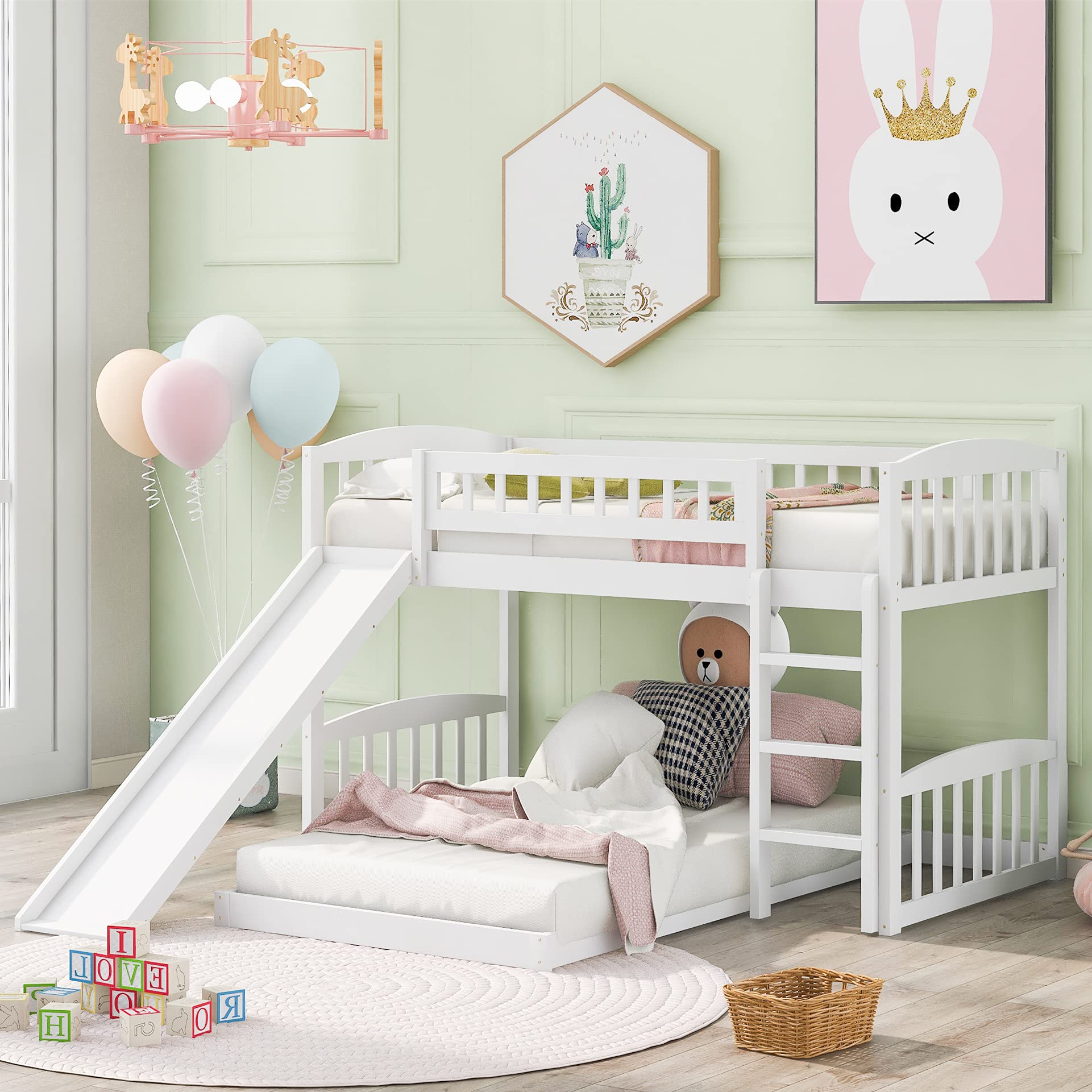 Harper & Bright Designs Twin Over Twin Low Bunk Bed with Slide & Ladder - Wooden Kids Bunk Bed Frame in White - Perfect for Small Rooms, Shared Kids Bedrooms & Sleepovers