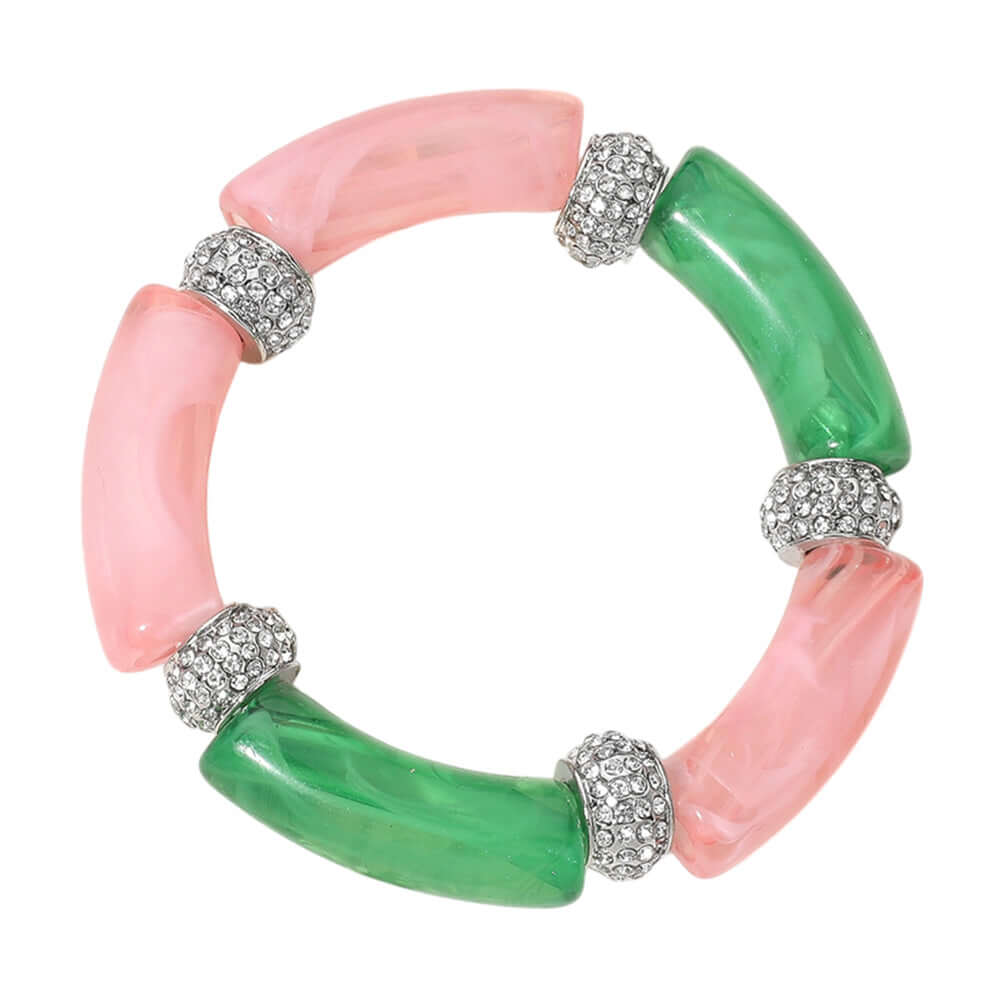 Pink & Green Paved Ring Acetate Bar Beaded Stretch Bracelet for Women - Fashion Jewelry for Casual Wear, Parties & Gifts