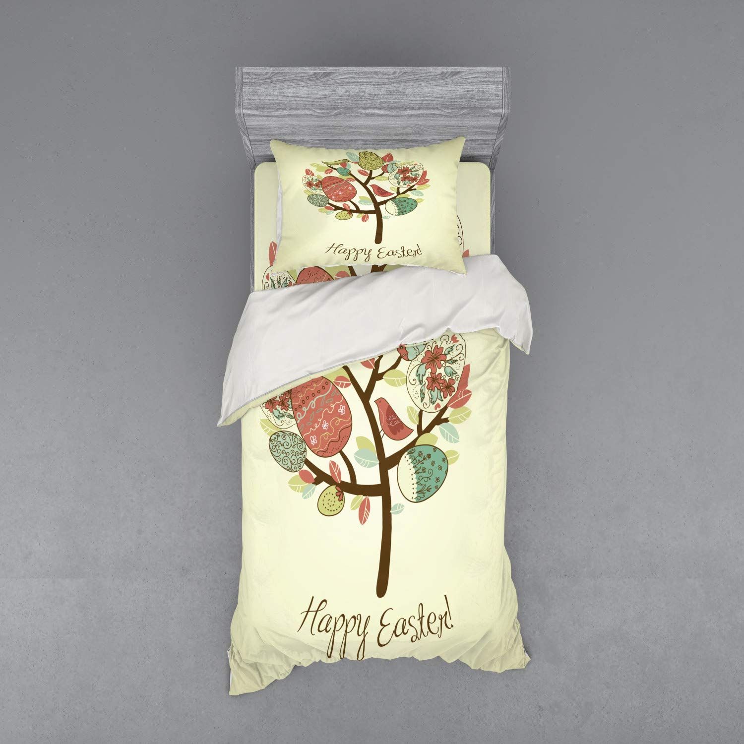 Ambesonne Easter Bedding Set - Vintage Spring Tree Design with Colorful Foliage, Ornate Eggs & Birds - 3 Piece Duvet Cover Set with Pillow Sham & Fitted Sheet - Twin Size Multicolor - Perfect for Easter Decor, Spring Bedroom Refresh & Holiday Gift