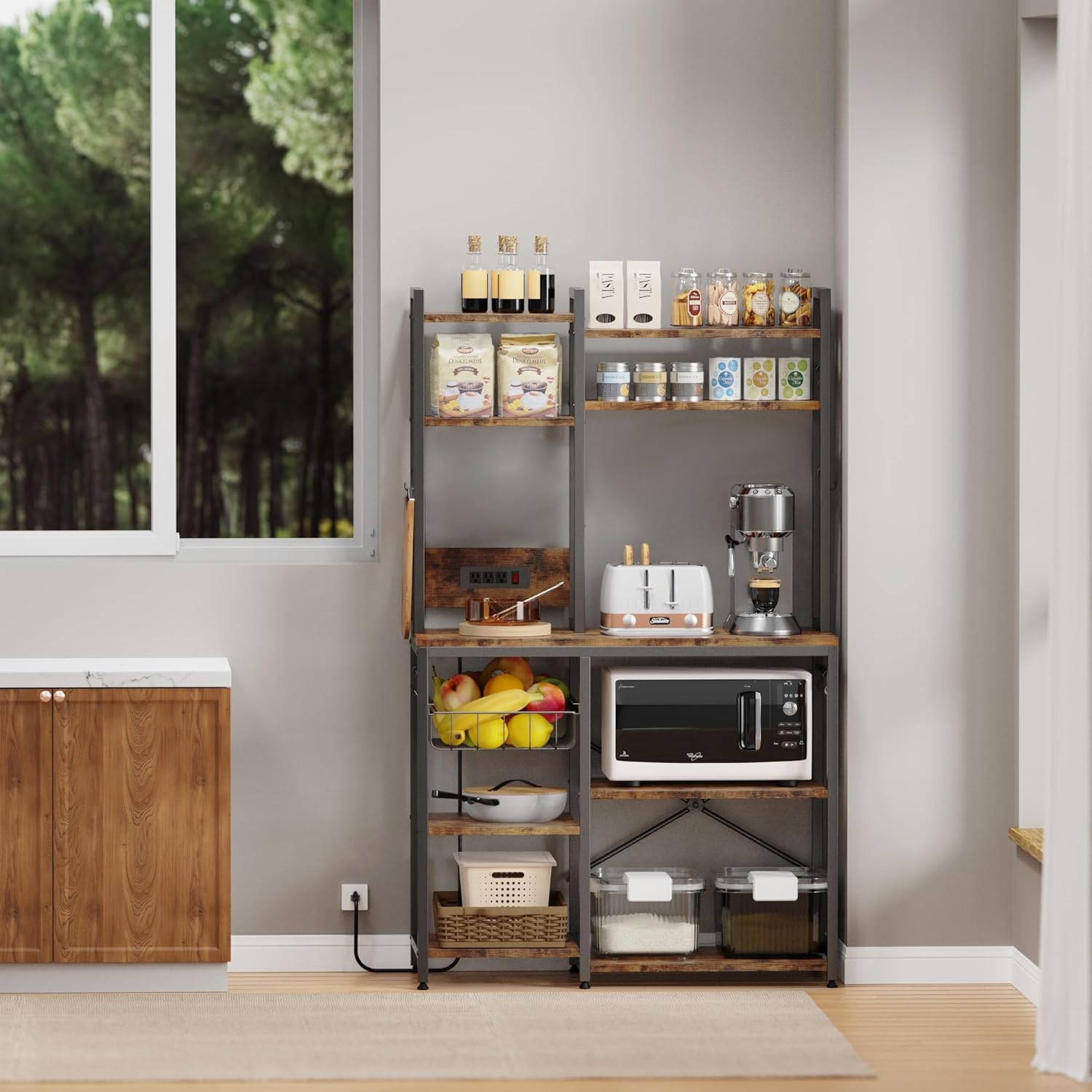Luckyeestar 6-Tier Kitchen Baker’s Rack with Power Outlet & Microwave Stand - Coffee Bar Station with 12 S-Hooks & Wire Basket - Rustic Brown Shelving Unit for Small Kitchen, Pantry Organization & Coffee Corner Setup