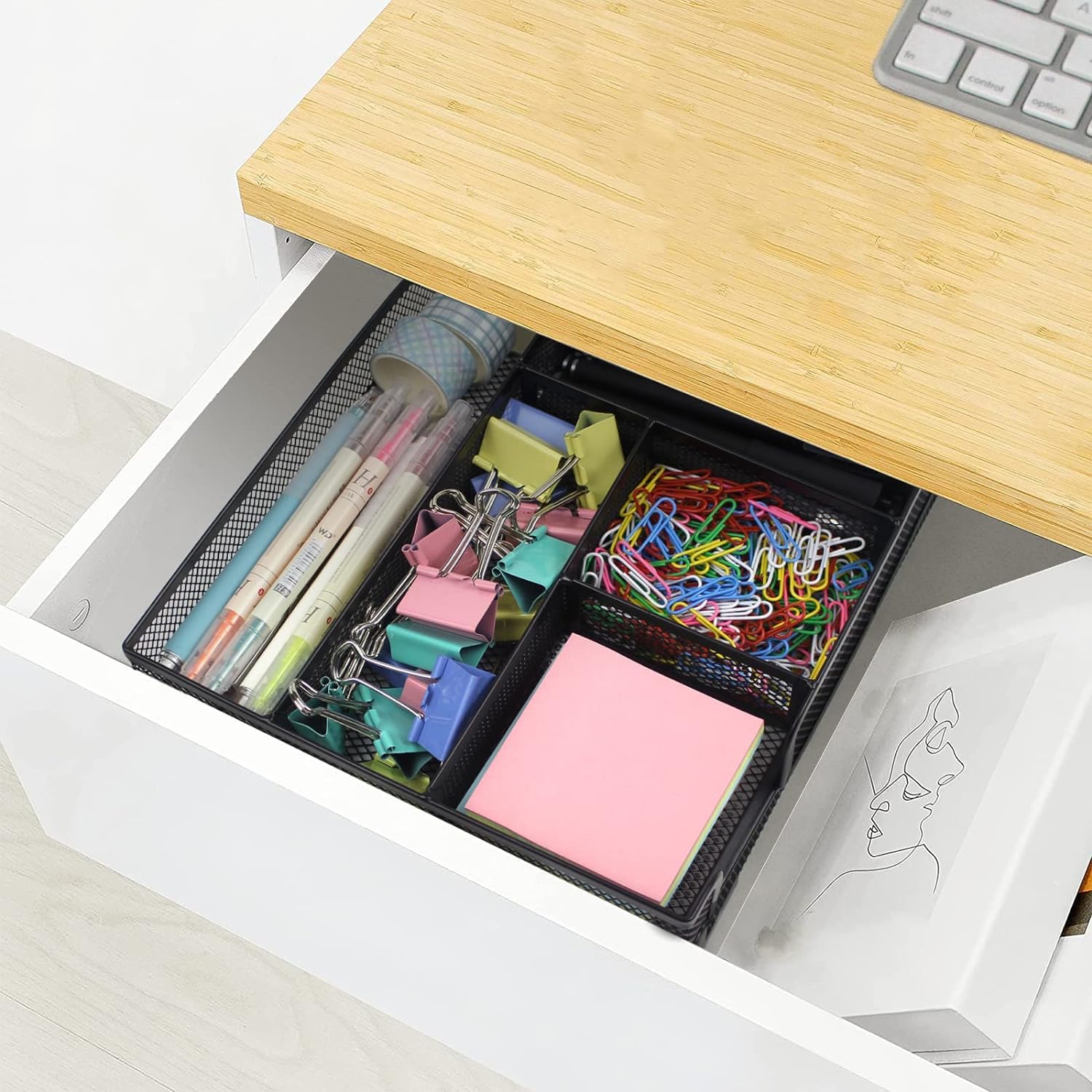 2-Pack Metal Mesh Desk Drawer Organizer with 6 Compartments - Black Office Tray & Pen Storage Box for Home, School, Kitchen - Perfect for Organizing Stationery, Makeup, and Office Supplies