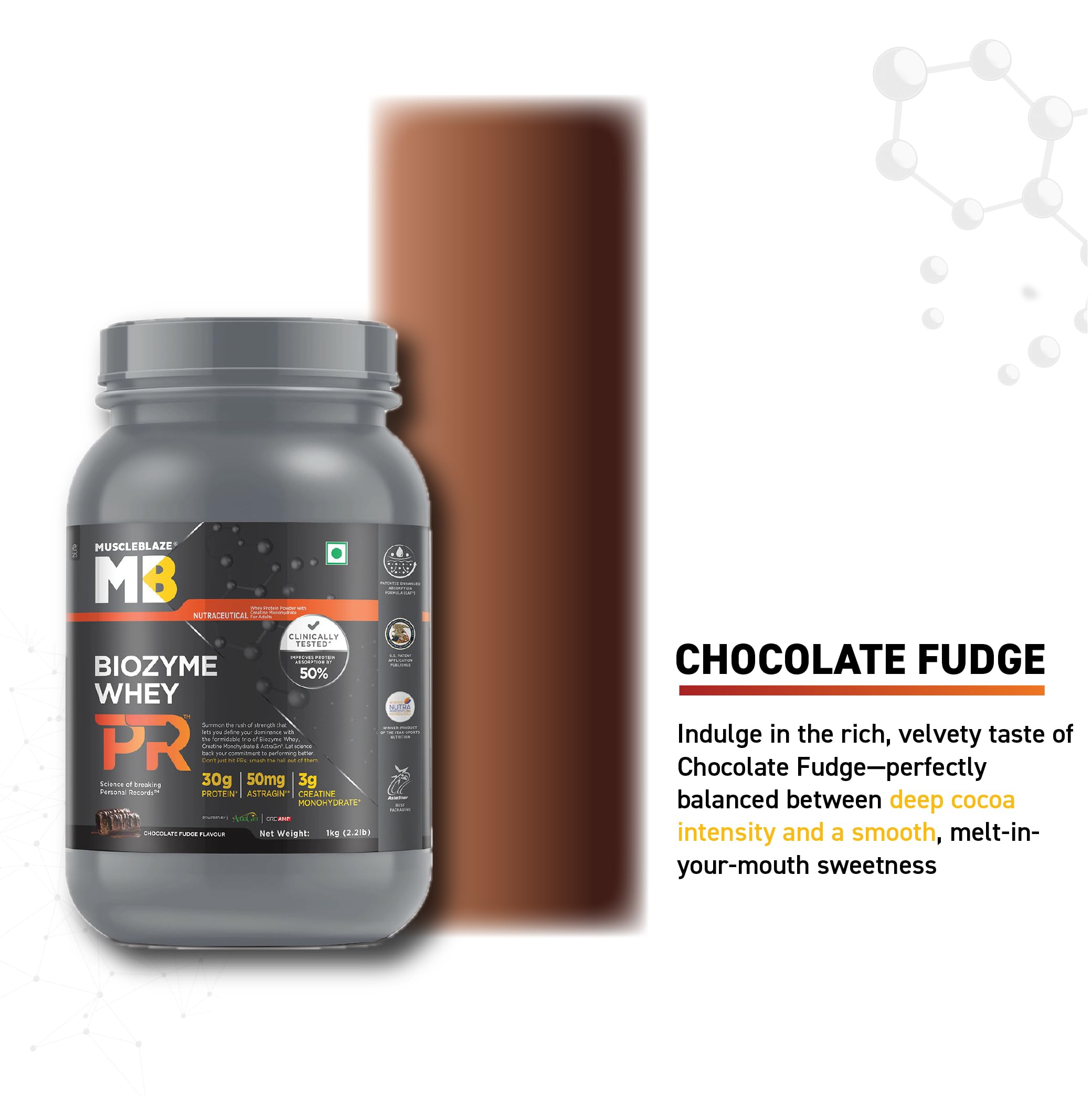 MuscleBlaze Biozyme Whey Protein Powder - 30g Protein, 3g Creatine Monohydrate & 50mg AstraGin - Chocolate Fudge Flavor (1kg / 2.2lbs) | Gold Certified for Muscle Recovery & Growth - Perfect for Post-Workout & Fitness Enthusiasts