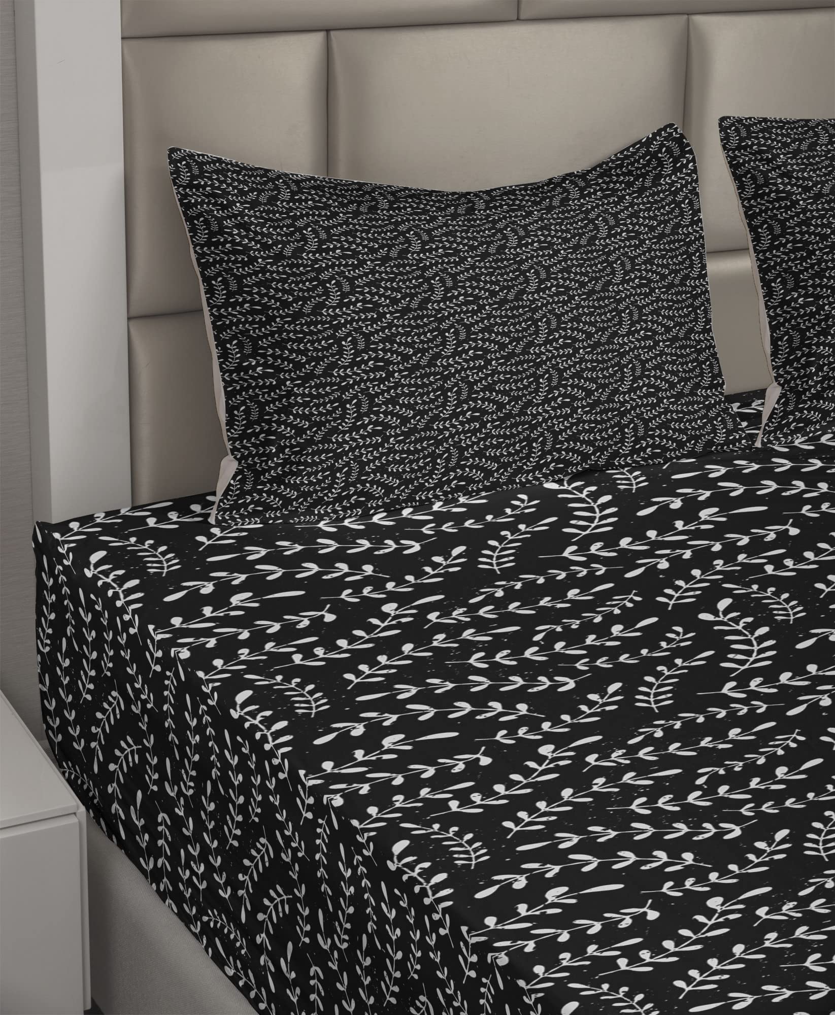 Ambesonne Abstract Laurel Plant Silhouette Bed Sheet Set - 4 Piece King Size with Fitted Sheet, Flat Sheet & Pillowcases - Grunge Pattern Monochrome Illustration in Charcoal Grey & Pearl - Perfect for Modern Bedrooms, Guest Rooms & Bohemian Home Decor