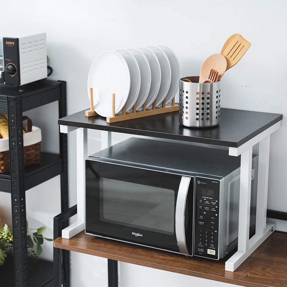 2-Tier Wooden Microwave Oven Rack - Black Countertop Shelf Organizer for Kitchen & Office | Space Saving Storage for Microwave, Printers & Small Appliances | Perfect for Small Kitchens, Dorm Rooms & Home Offices