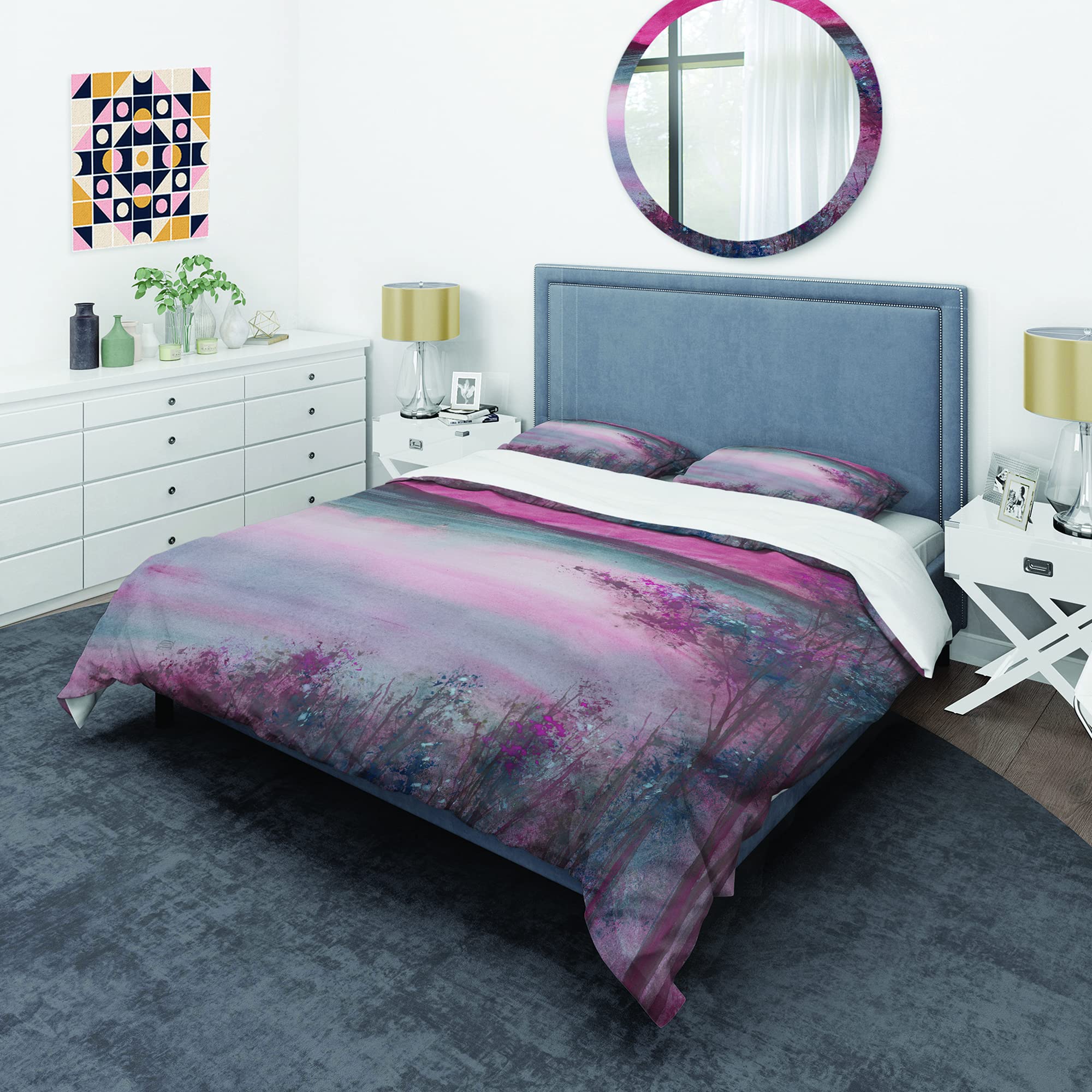 DesignQ Shabby Chic Duvet Cover Set King Size - 3 Piece Pink Floral Landscape Bedding Set for All Seasons | Soft & Quiet Luxury Bedroom Decor for Master Bedroom, Guest Room or Vacation Home
