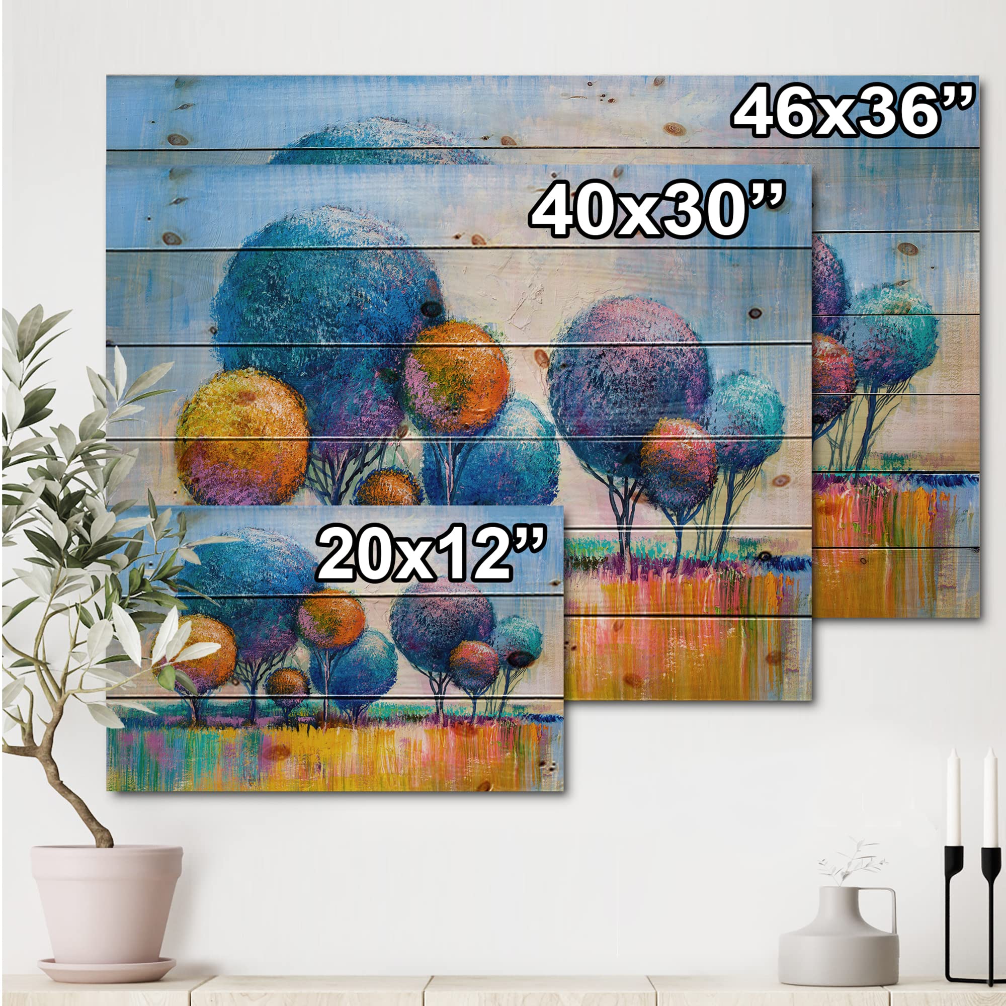 Modern Blue Wood Wall Art - Autumn Fantasy Trees IV Contemporary Wood Wall Decor, Large Landscape Panel Printed on Natural Pine | Perfect for Living Room, Bedroom & Office Decor