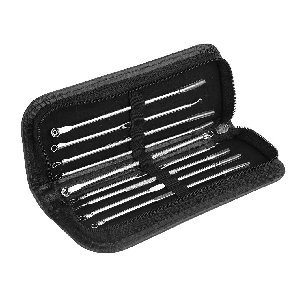 9Pcs Stainless Steel Blackhead & Pimple Removal Tool Kit - Professional Comedone Extractor Set for Face Cleaning with Faux Leather Pouch - Perfect for Acne Treatment, Skincare Routine & Spa Days