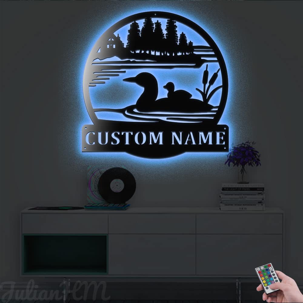 Custom Loon Duck Monogram Metal Wall Art with LED Lights - Personalized Name Sign Home Decor - 24x24 Inches Wall Hanging for Living Room, Bedroom, Nursery - Perfect Housewarming Gift & Rustic Cabin Decor