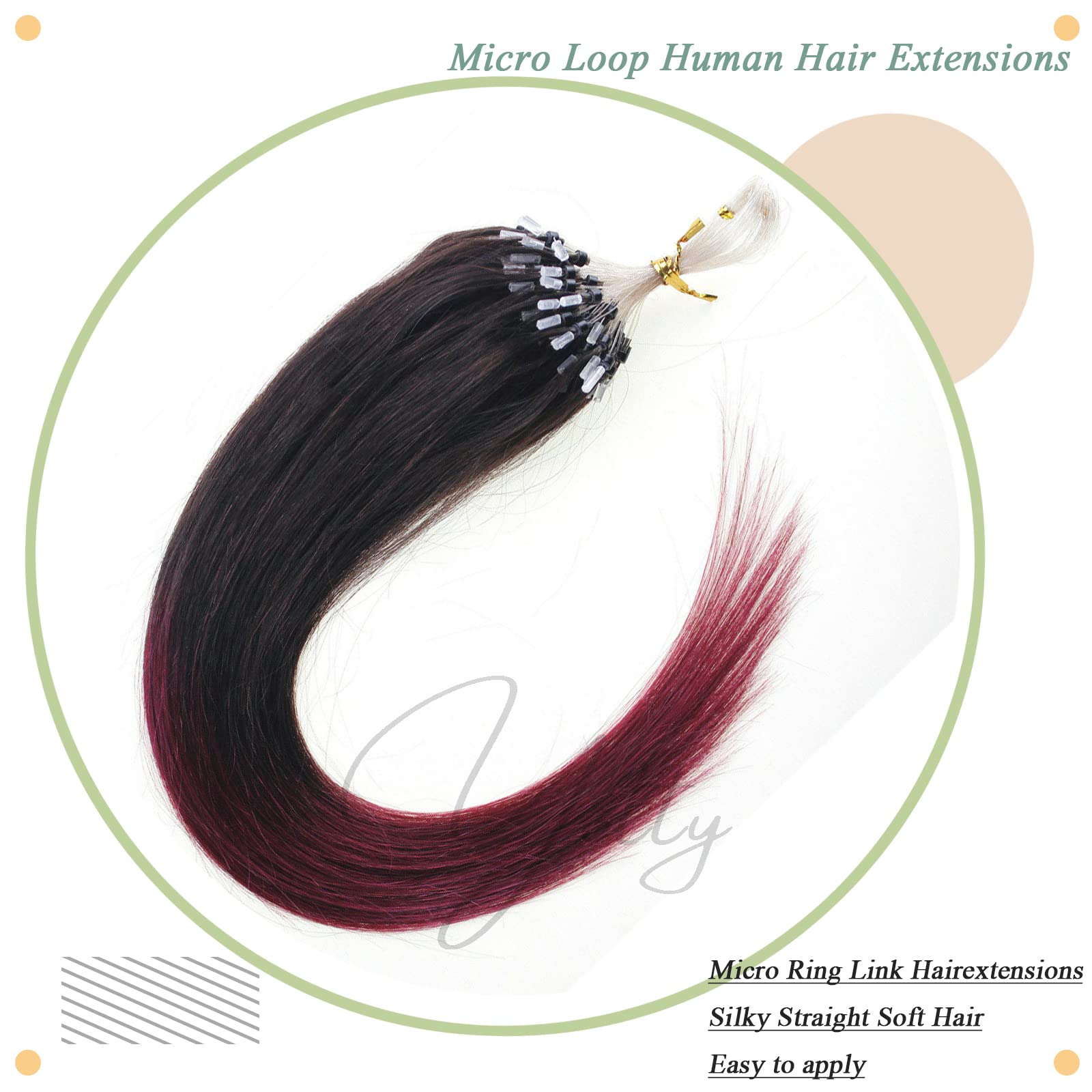 Micro Loop Hair Extensions 22 Inch - 100% Real Human Remy Hair, Ombre Off Black to Burgundy Red, 50g per Pack (100 Strands) - Seamless Micro Bead Links for Natural Look | Perfect for Daily Wear, Parties & Special Occasions