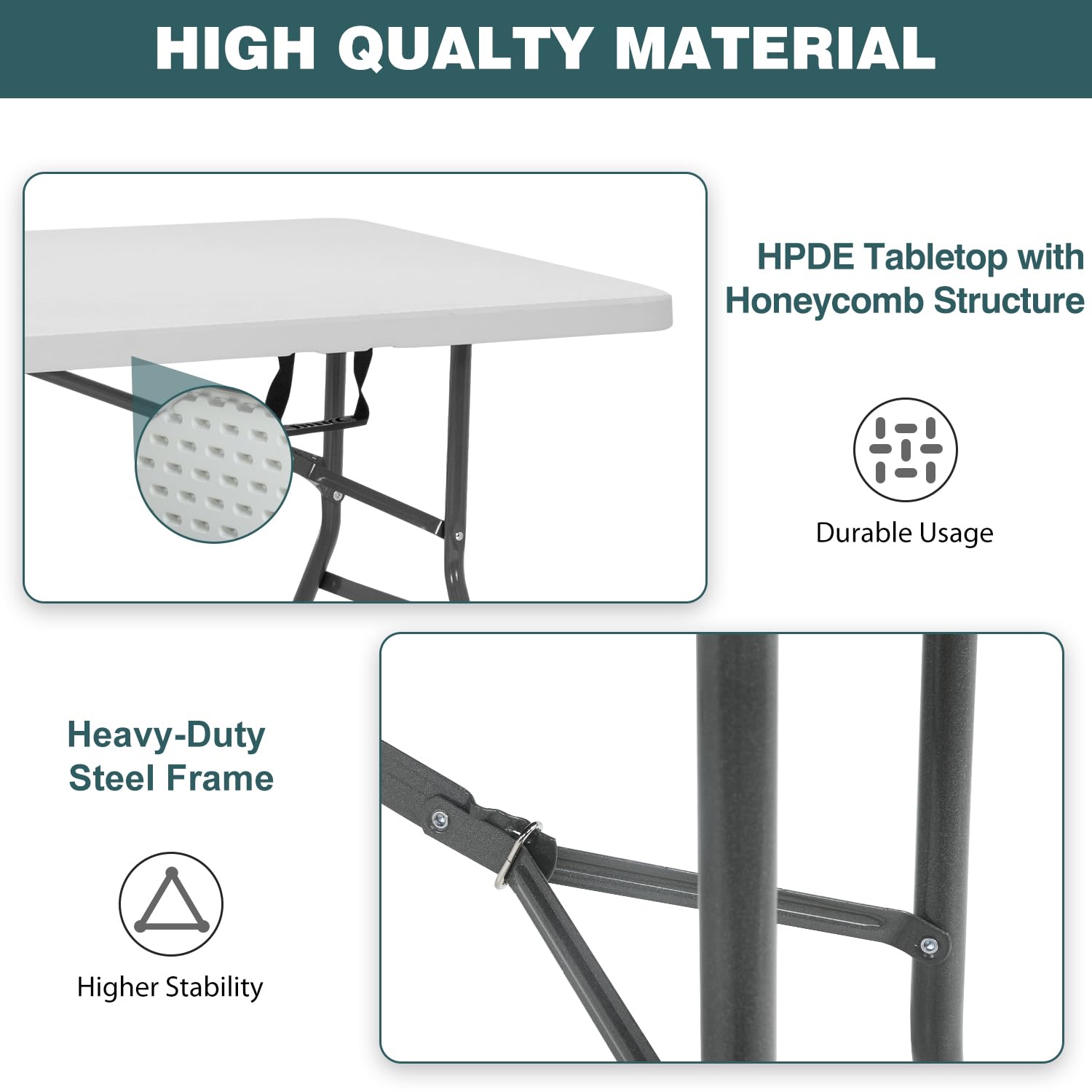 8 Foot Foldable Outdoor Dining Table - Portable Rectangular Plastic Folding Table with Built-in Handle for Parties, Weddings, Picnics & Backyard Gatherings - White