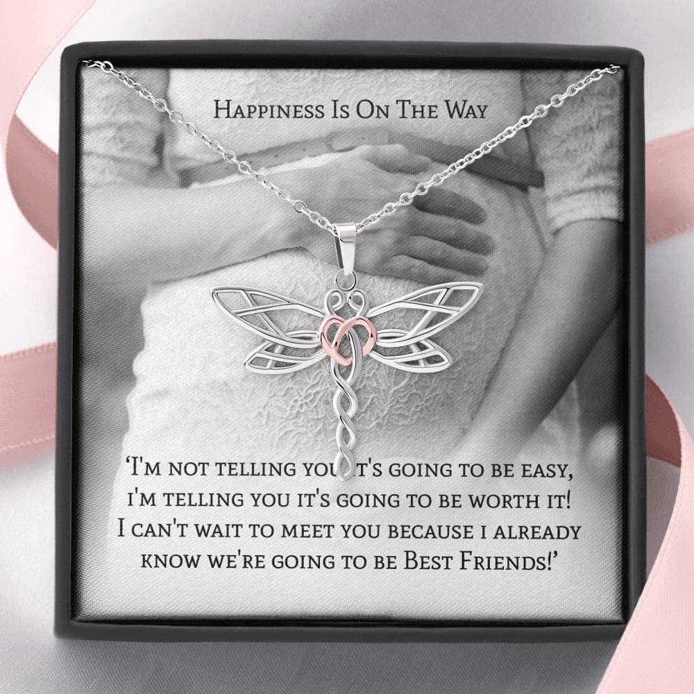 Customized 'Happiness Is On The Way' Dragonfly Necklace for New Moms - Sterling Silver Love Knot Pendant with Heart Diamond Charm | Anniversary Gift for Wife, Girlfriend, Daughter | Perfect for Baby Showers, Mother's Day & Special Occasions