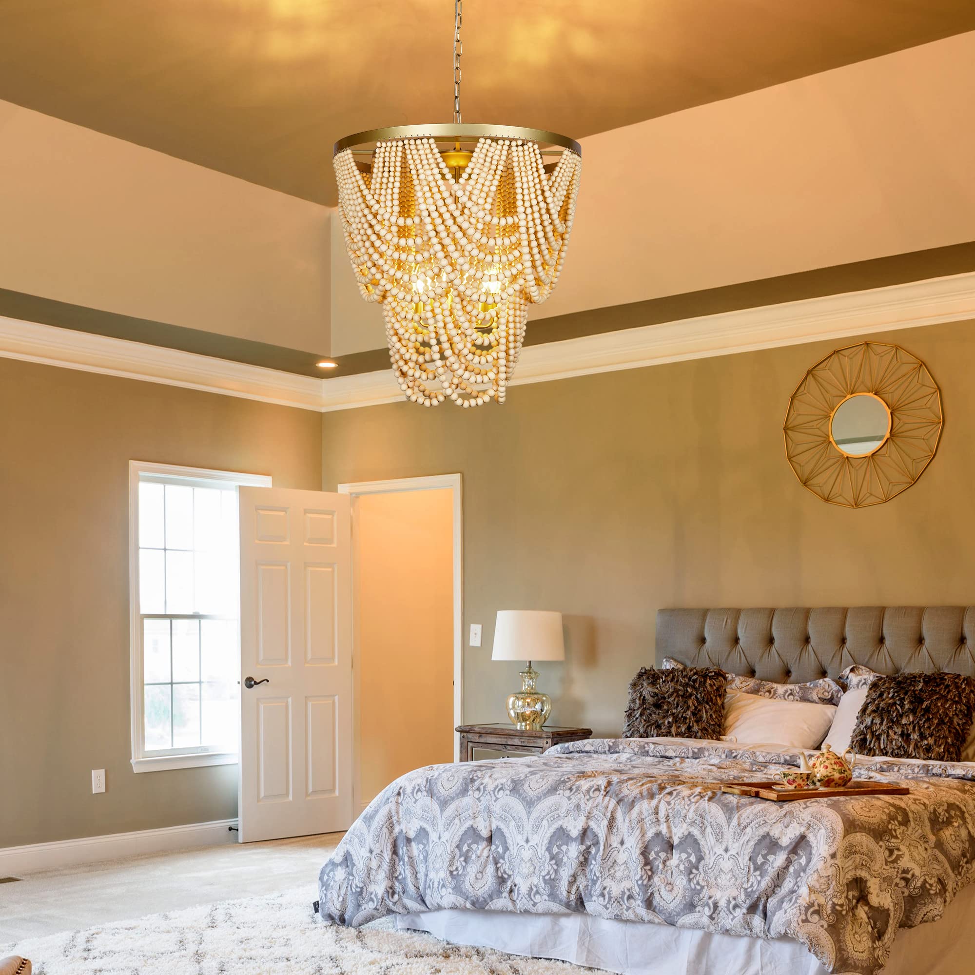 6-Light Bohemian Wood Beaded Chandelier - Gold & Oak Finish Modern Farmhouse Pendant Light for Dining Room, Bedroom, Entryway | Coastal & Rustic Home Decor Lighting Fixture