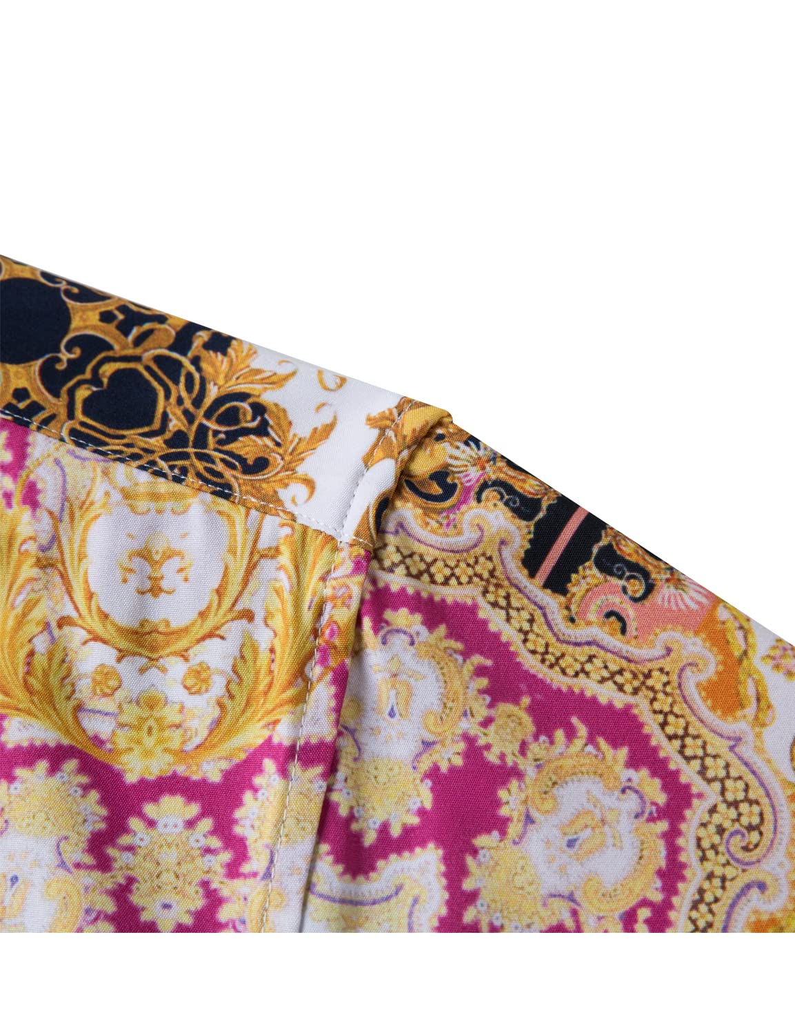 Luxury Men's Black & Gold Baroque Print Short Sleeve Dress Shirt - Chain Design Button Down Casual Shirt for Parties, Weddings & Night Out
