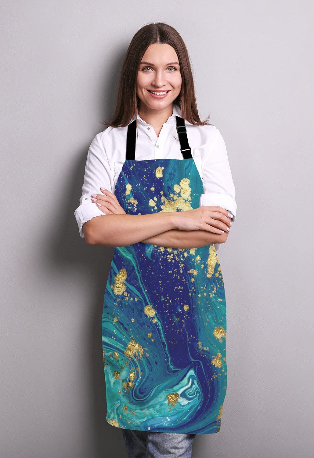 Blue Gold Marbled Bib Apron with Adjustable Neck Strap - Unisex Kitchen Apron for Cooking, Baking, BBQ & Grilling - Perfect for Chefs, Waiters, Bakers & Home Cooks - Ideal for Restaurants, Cafes & Outdoor Barbecues