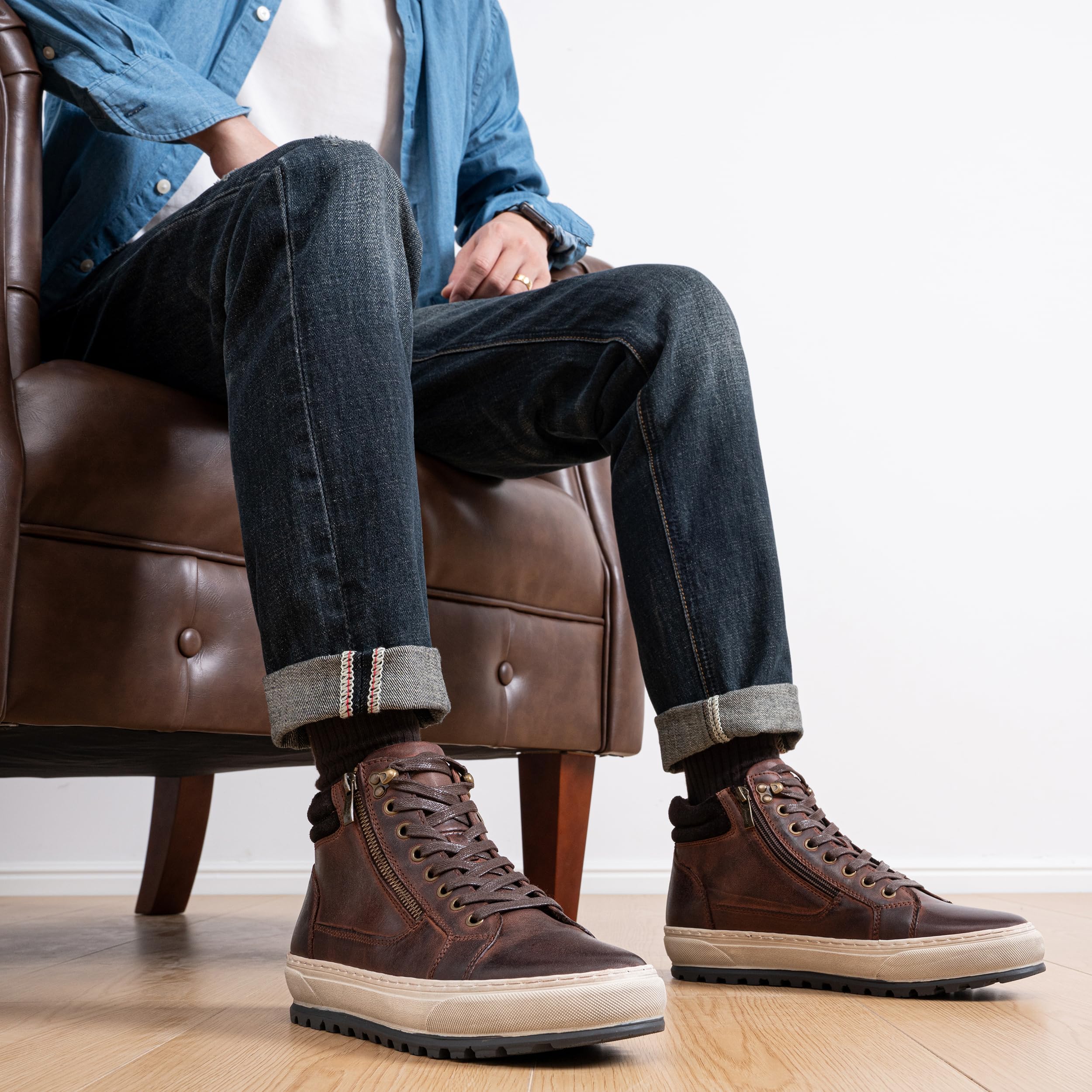 **Jousen Men's Casual Leather High Top Sneakers - Fashionable & Comfortable Shoes for Walking, Running & Daily Wear**