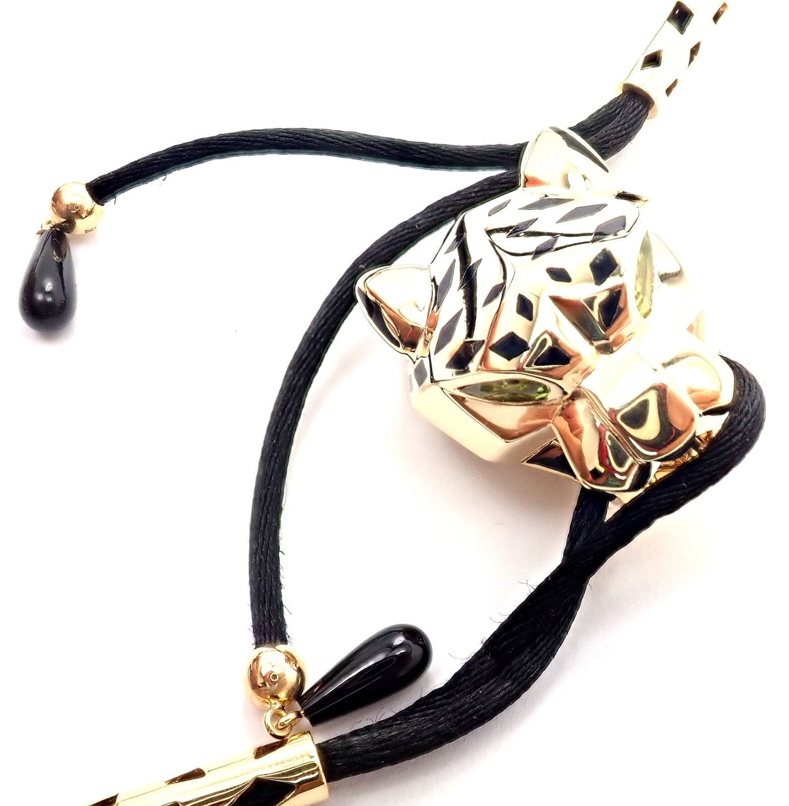 Authentic Cartier Panther Panthere 18k Yellow Gold Peridot Lacquer Cord Necklace for Women - Luxury Jewelry Gift for Birthday, Anniversary & Special Occasions
