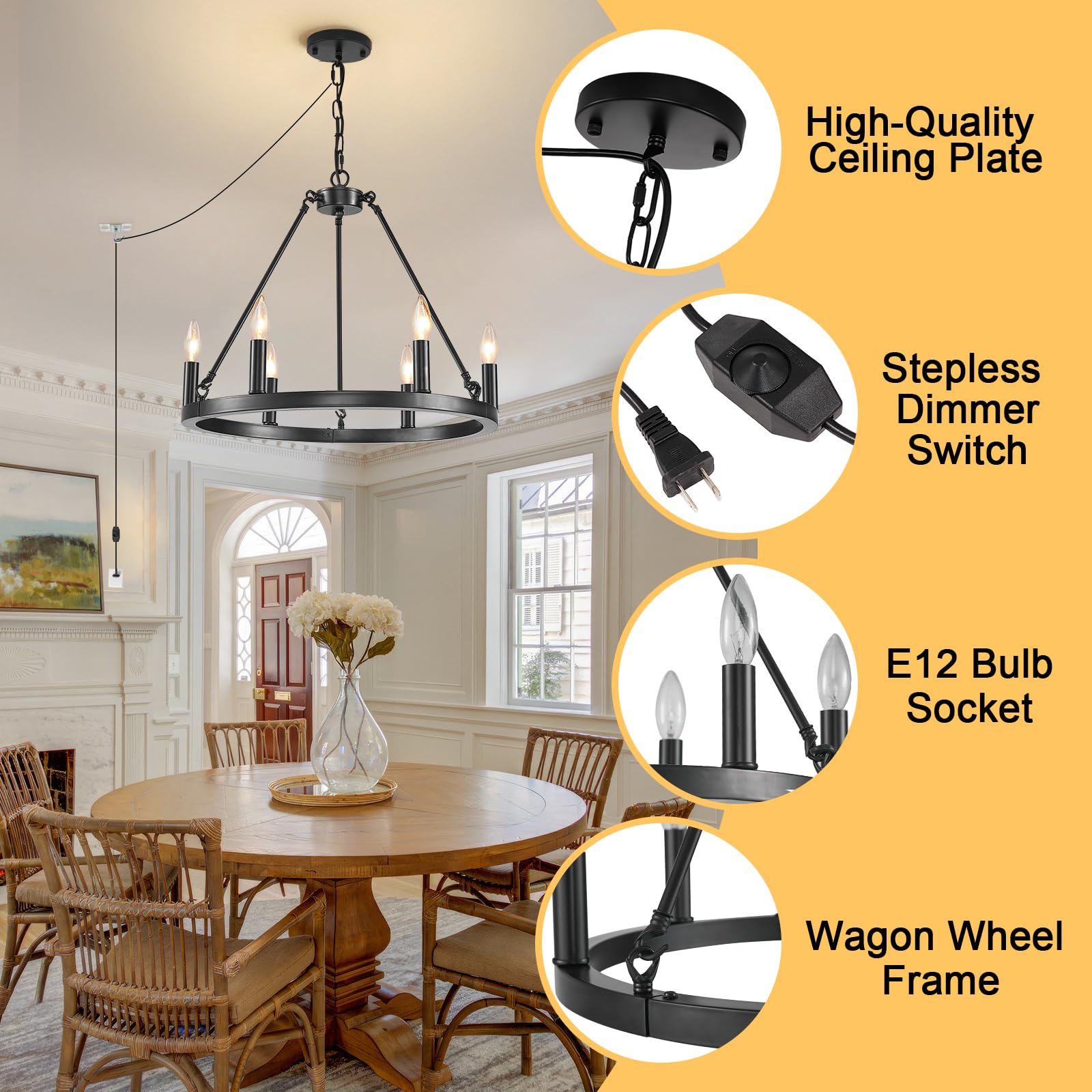 HOXIYA 6-Light Dimmable Plug-in Wagon Wheel Chandelier - 20.5