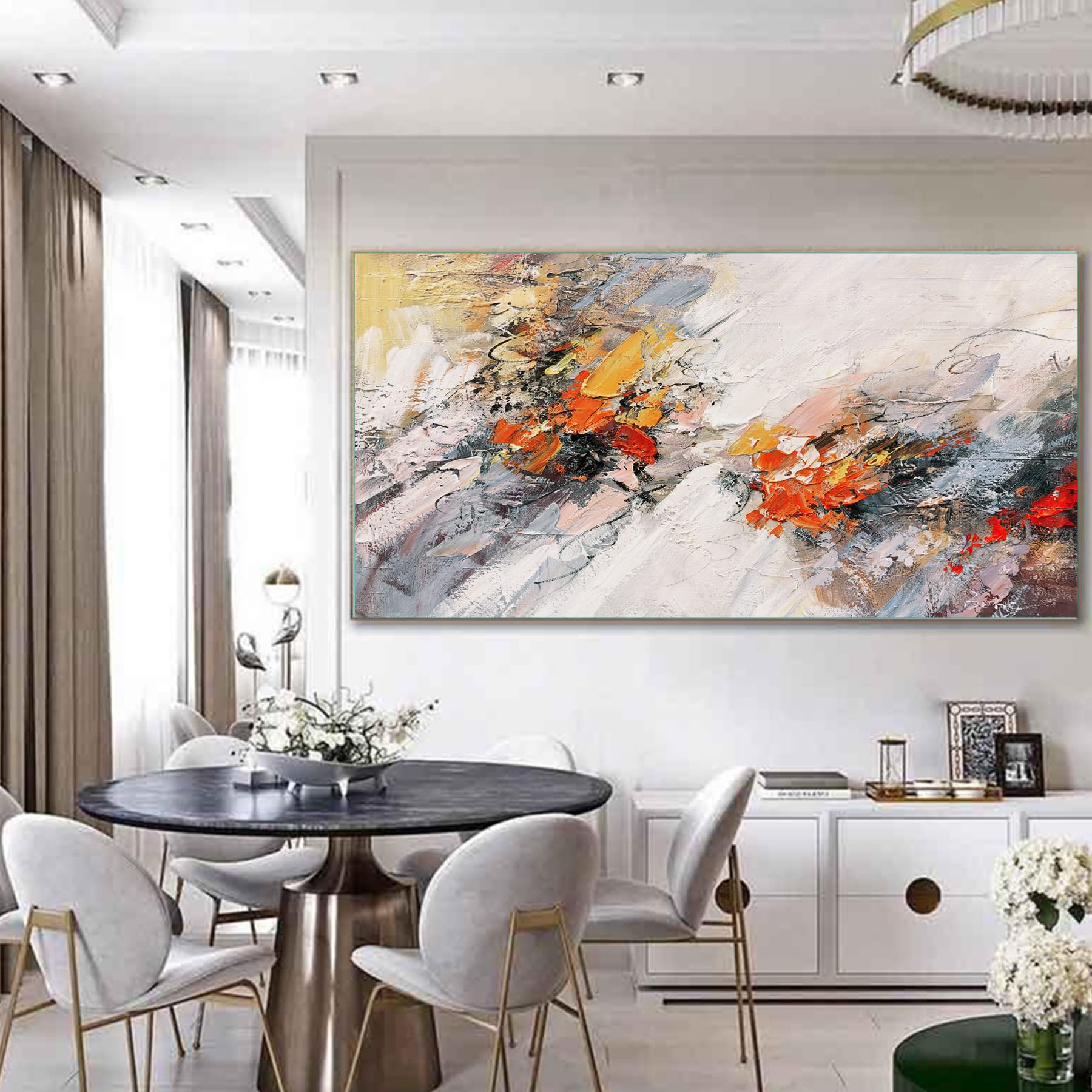 Handmade Abstract Canvas Painting - Beige & Teal Orange Textured Wall Art for Bathroom Decor | Original Modern Artwork for Living Room, Bedroom & Office