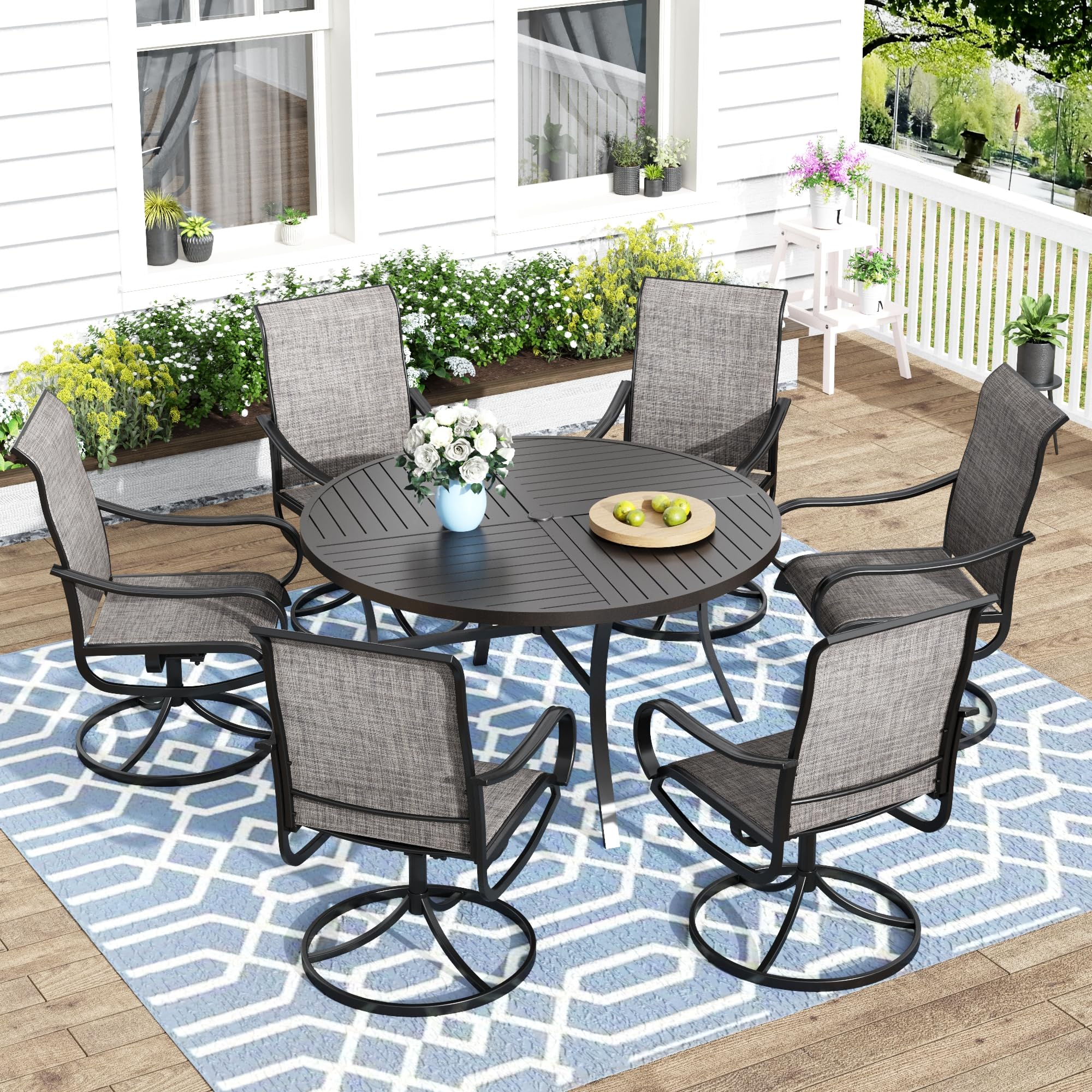 MFSTUDIO 6-Piece Patio Dining Set - All-Weather Outdoor Furniture with 6 Swivel Sling Chairs & 54