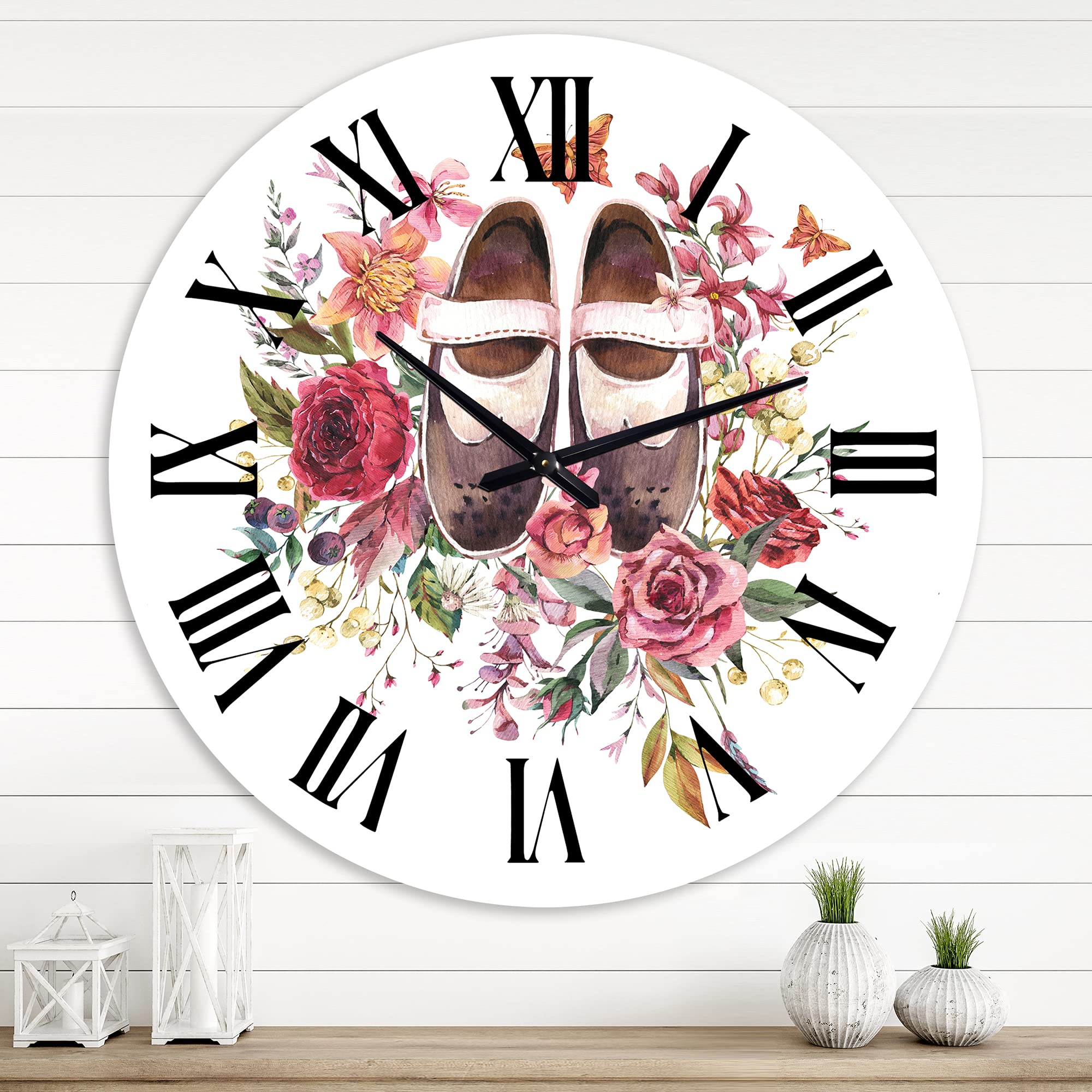 Vintage Oxford Shoes with Wildflowers Wall Clock - Large Farmhouse Style Decorative Clock for Kitchen, Living Room, Bedroom & Office Decor | Floral Botanical Design