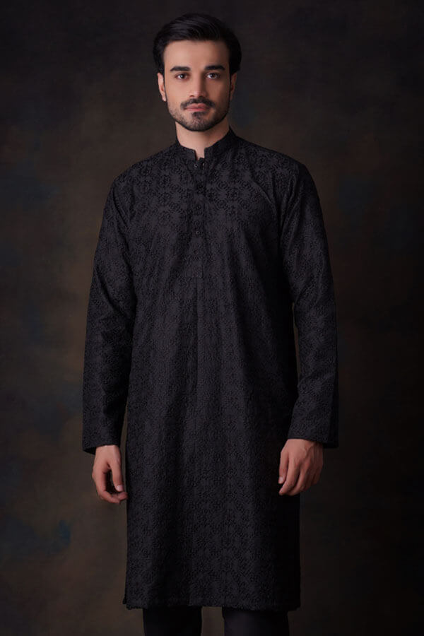 Black All Chikan Embroidered Kurta Pyjama Set for Men - Traditional Indian Cotton Kurta with Hand Embroidery | Perfect for Festivals, Weddings & Cultural Events