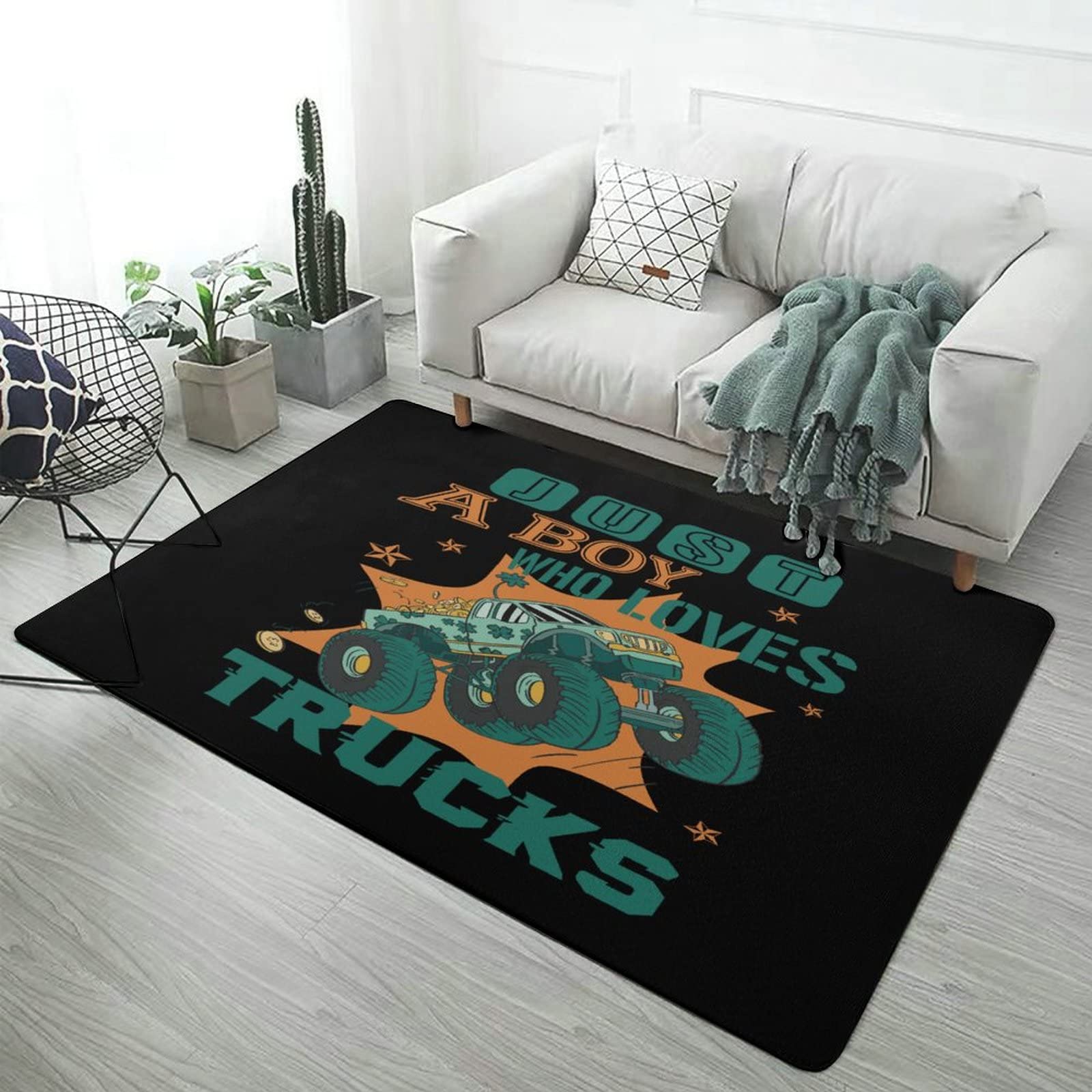 Non-Slip Foldable 3x5ft Truck Themed Area Rug for Kids - Playroom, Nursery, Bedroom & Dorm Decor | Boys Girls Teen Room Carpet | Living Room Dining Room Floor Mat