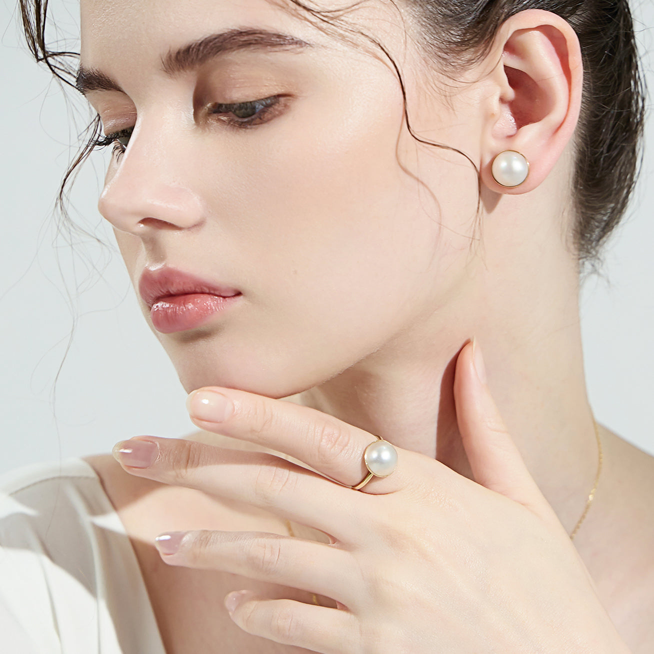18K Gold Mabe Pearl Earrings KE00024 | Elegant Dome Stud Earrings for Women | Perfect for Weddings, Parties & Special Occasions