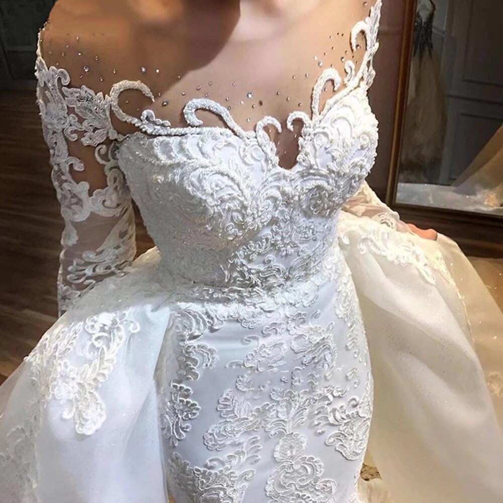 Elegant Mermaid Wedding Dresses for Bride - Long Sleeve Beaded Bridal Gowns with Detachable Train | Perfect for Beach, Church & Formal Weddings
